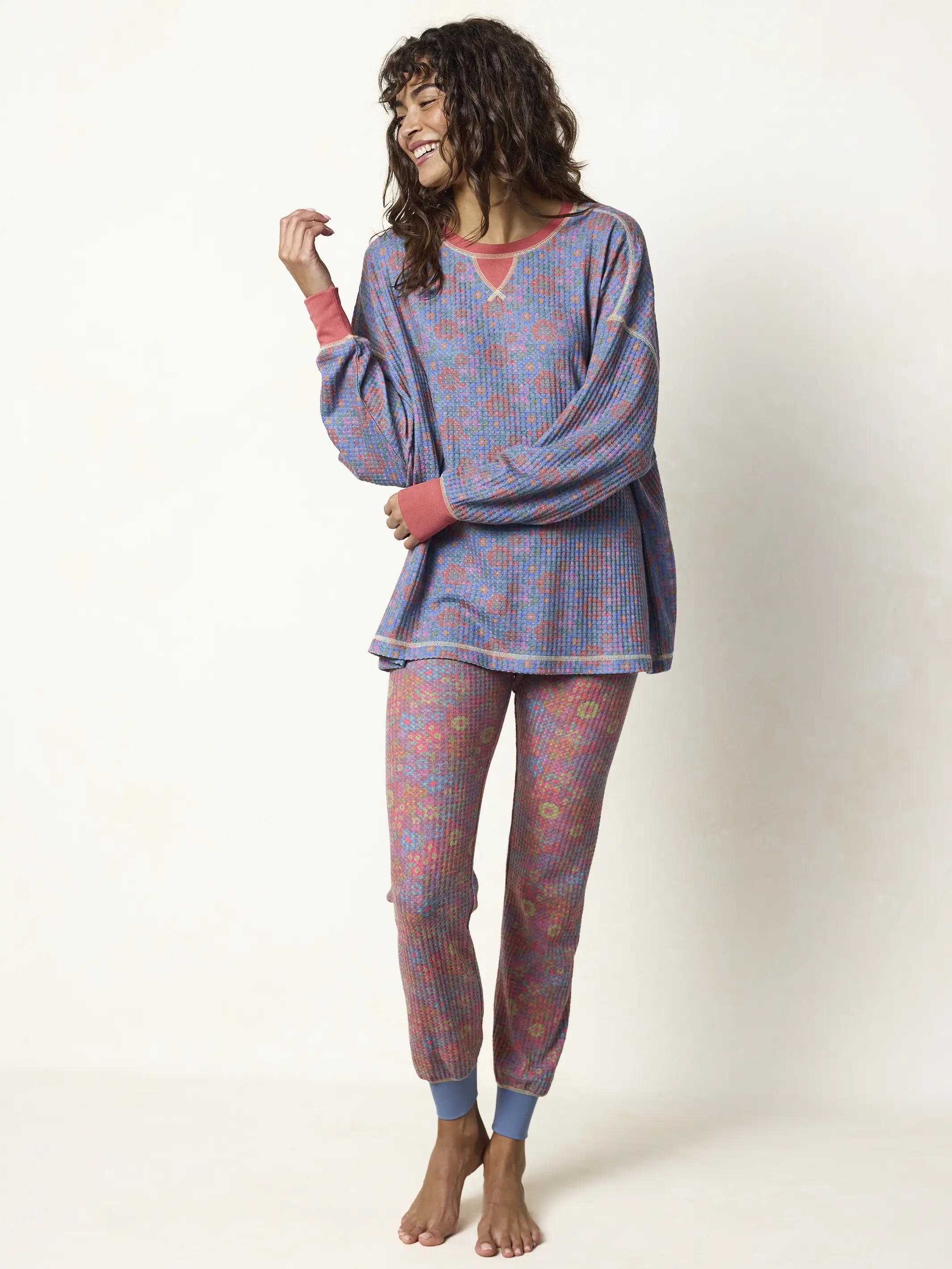Mix & Match Waffle Pajama Top - Washed Navy Zinnias - Image 4