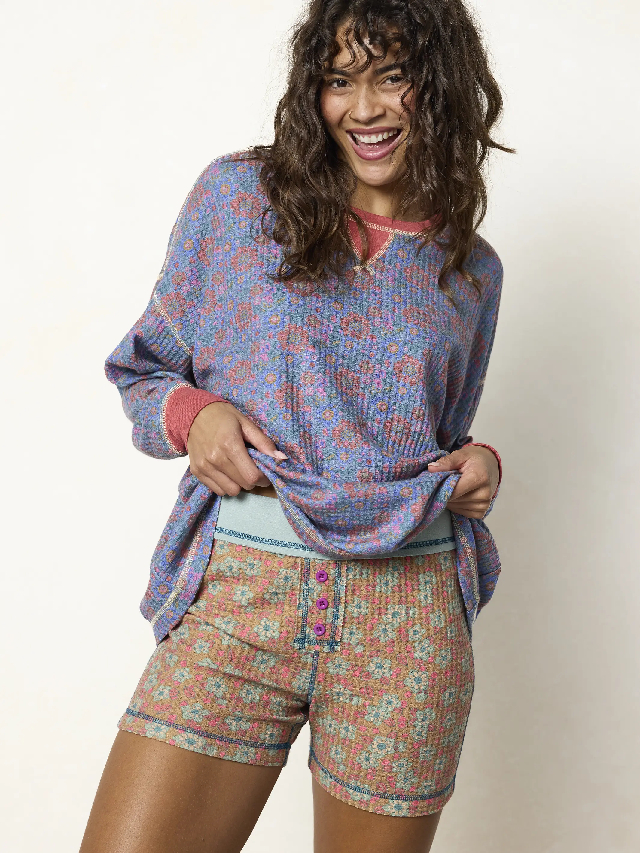 Mix & Match Waffle Pajama Top - Washed Navy Zinnias - Image 5