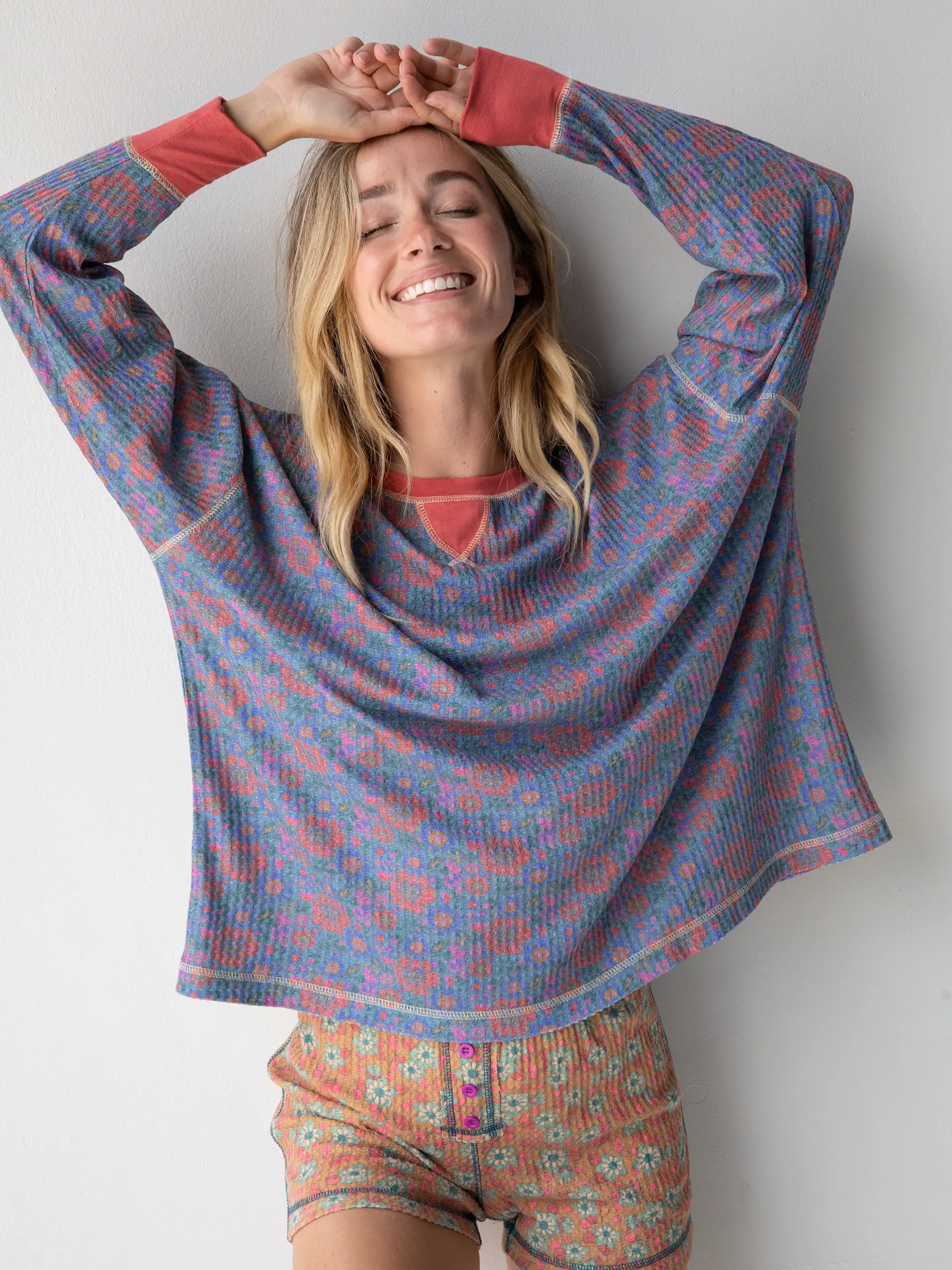 Mix & Match Waffle Pajama Top - Washed Navy Zinnias - Image 6