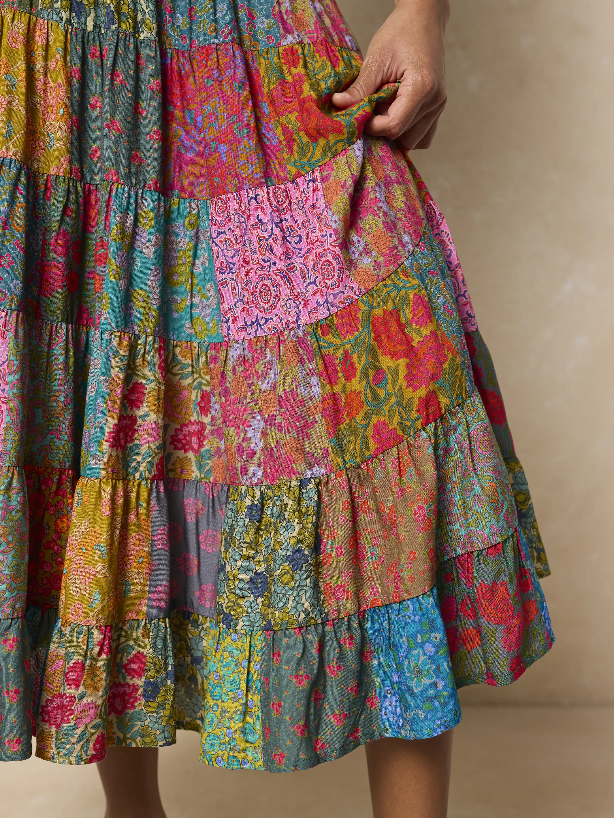 Opal Patchwork Midi Skirt - Bright Patchwork Zinnias - Image 3