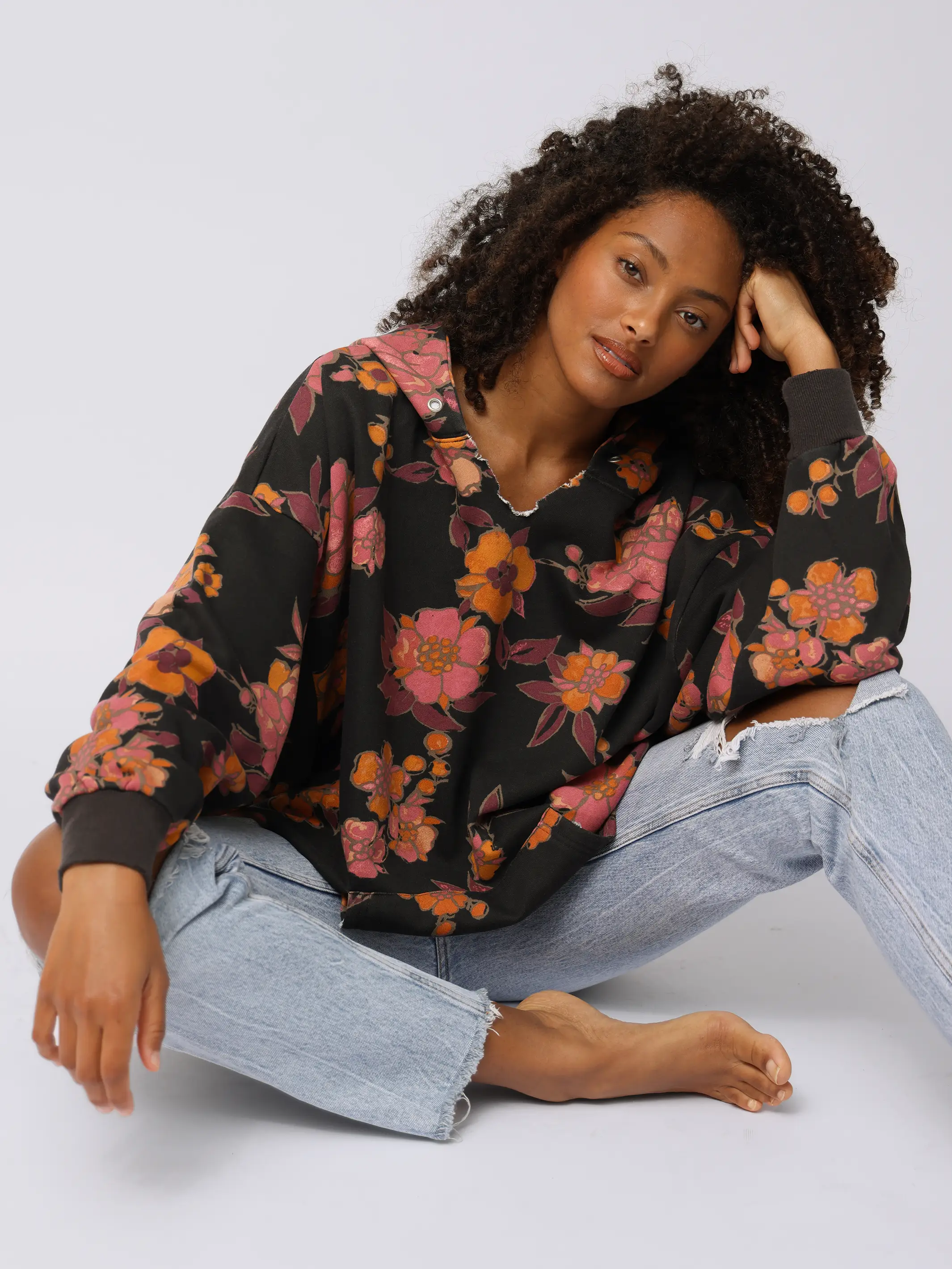Oversized Printed Hoodie - Black Riviera Blossoms - Image 3
