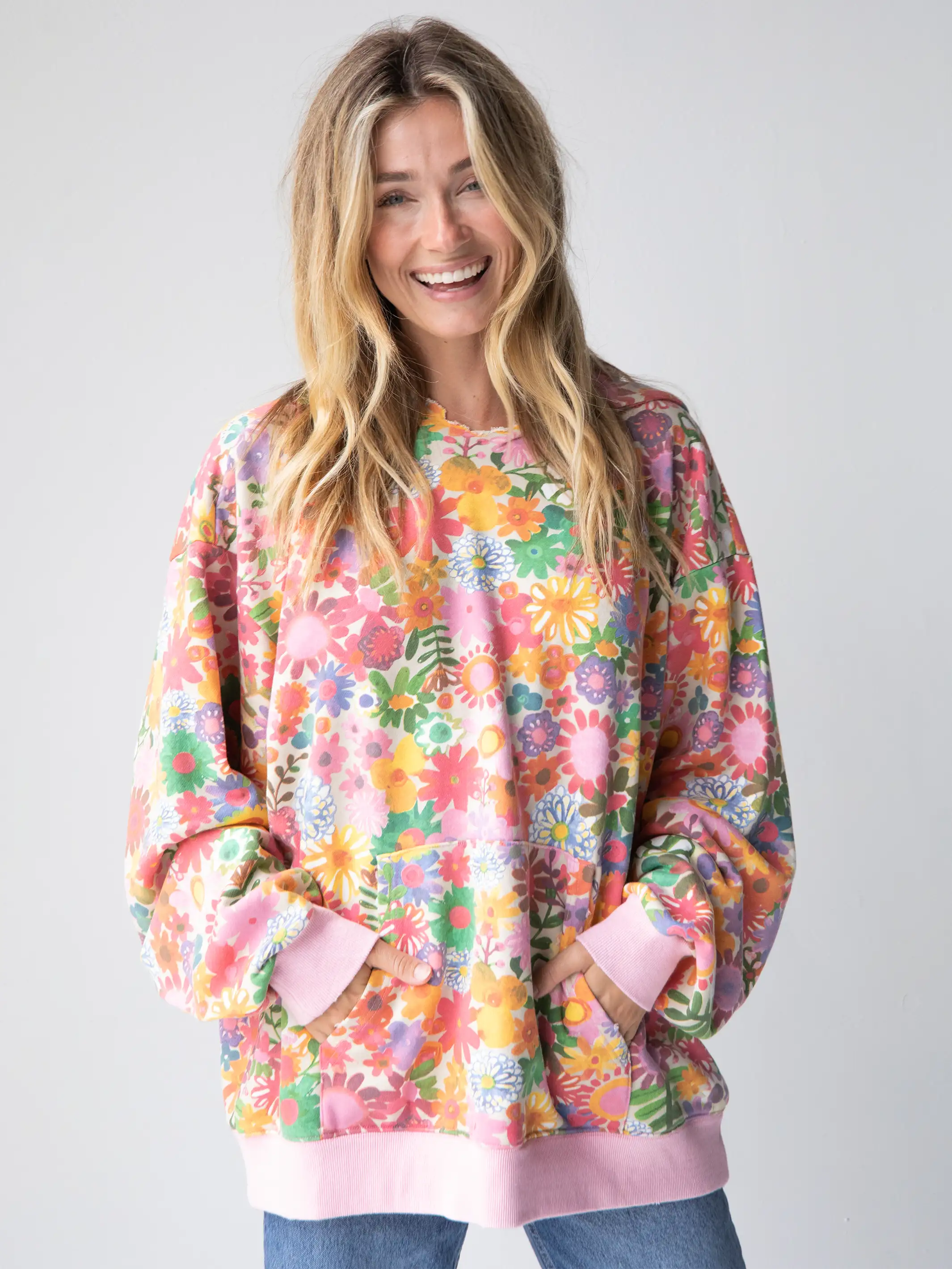 Oversized Printed Hoodie - Rainbow Floral - Image 3