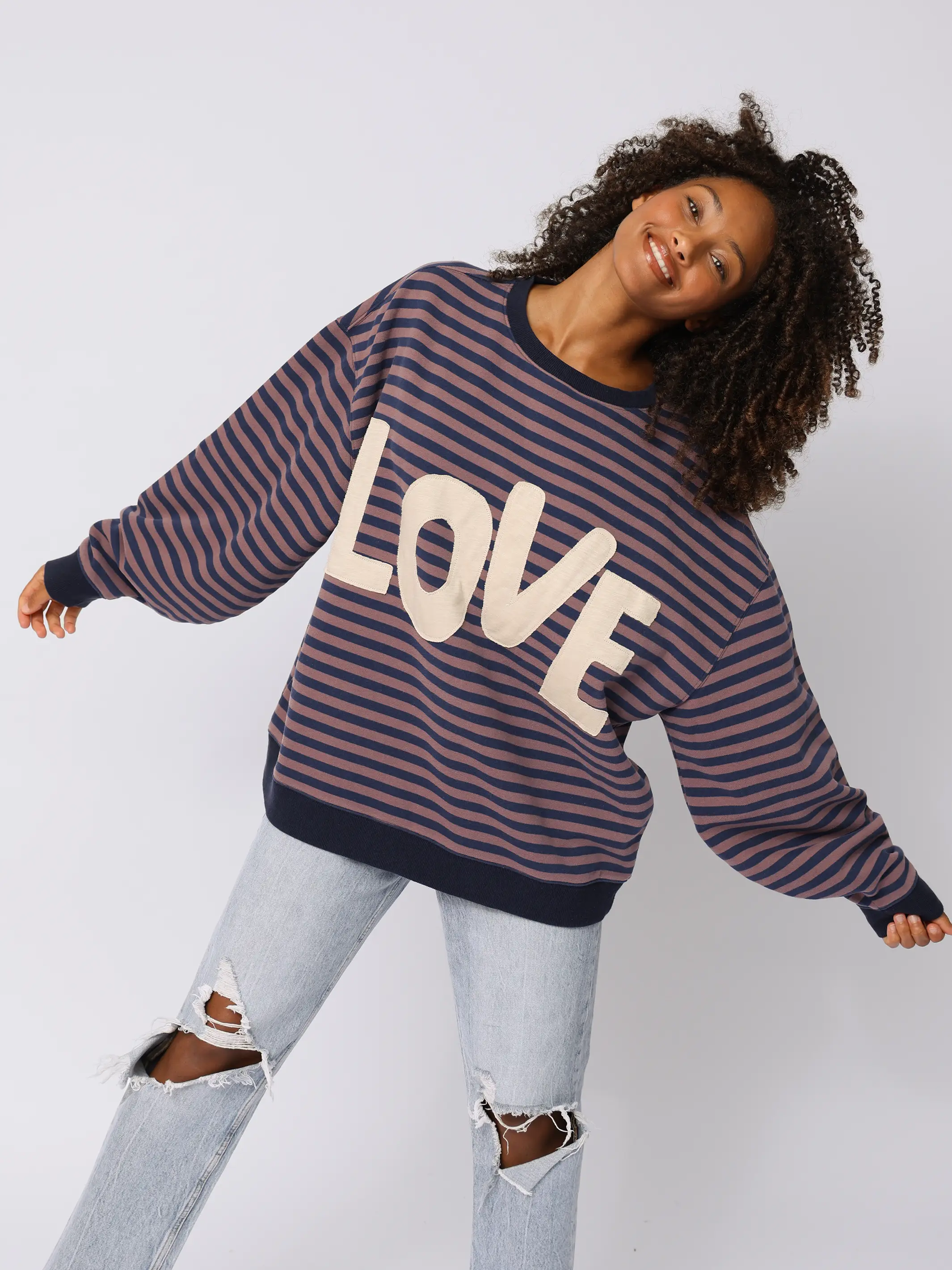 Oversized Striped Applique Crewneck - Purple Love - Image 2