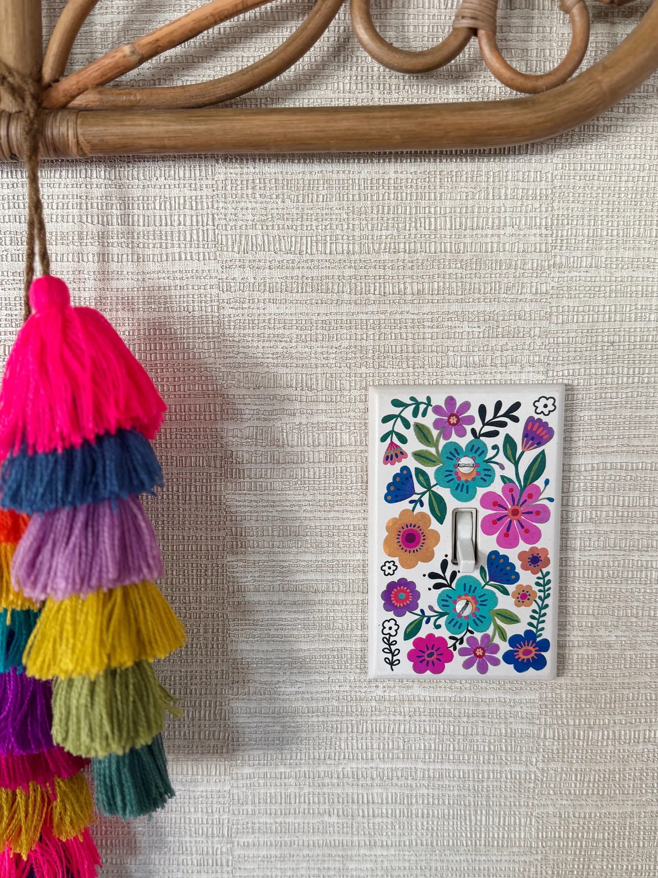 Painted Wooden Switch Cover - Cream Folk Flower Toggle - Image 2