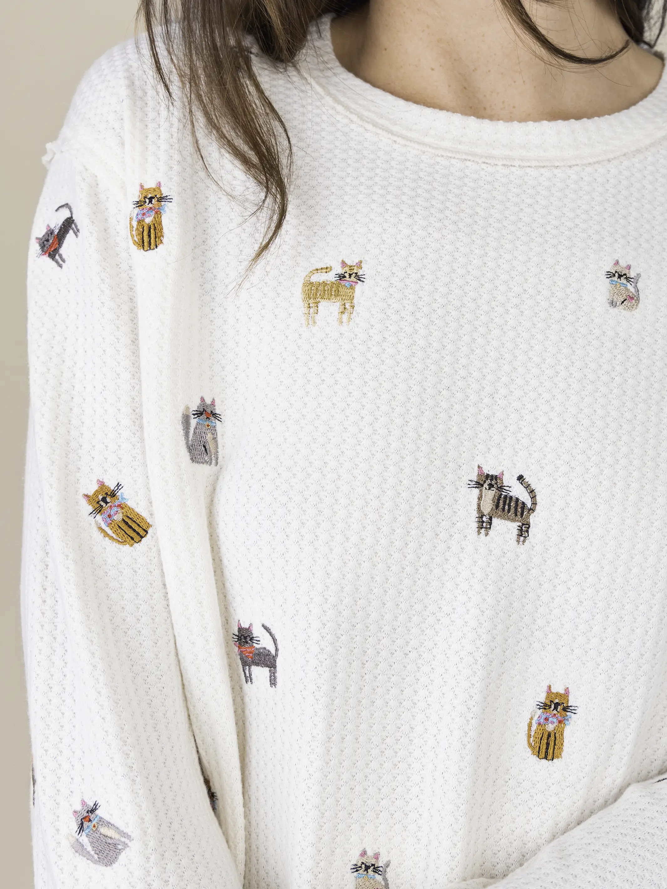 Parker Embroidered Thermal Tee - Cream Cats - Image 3