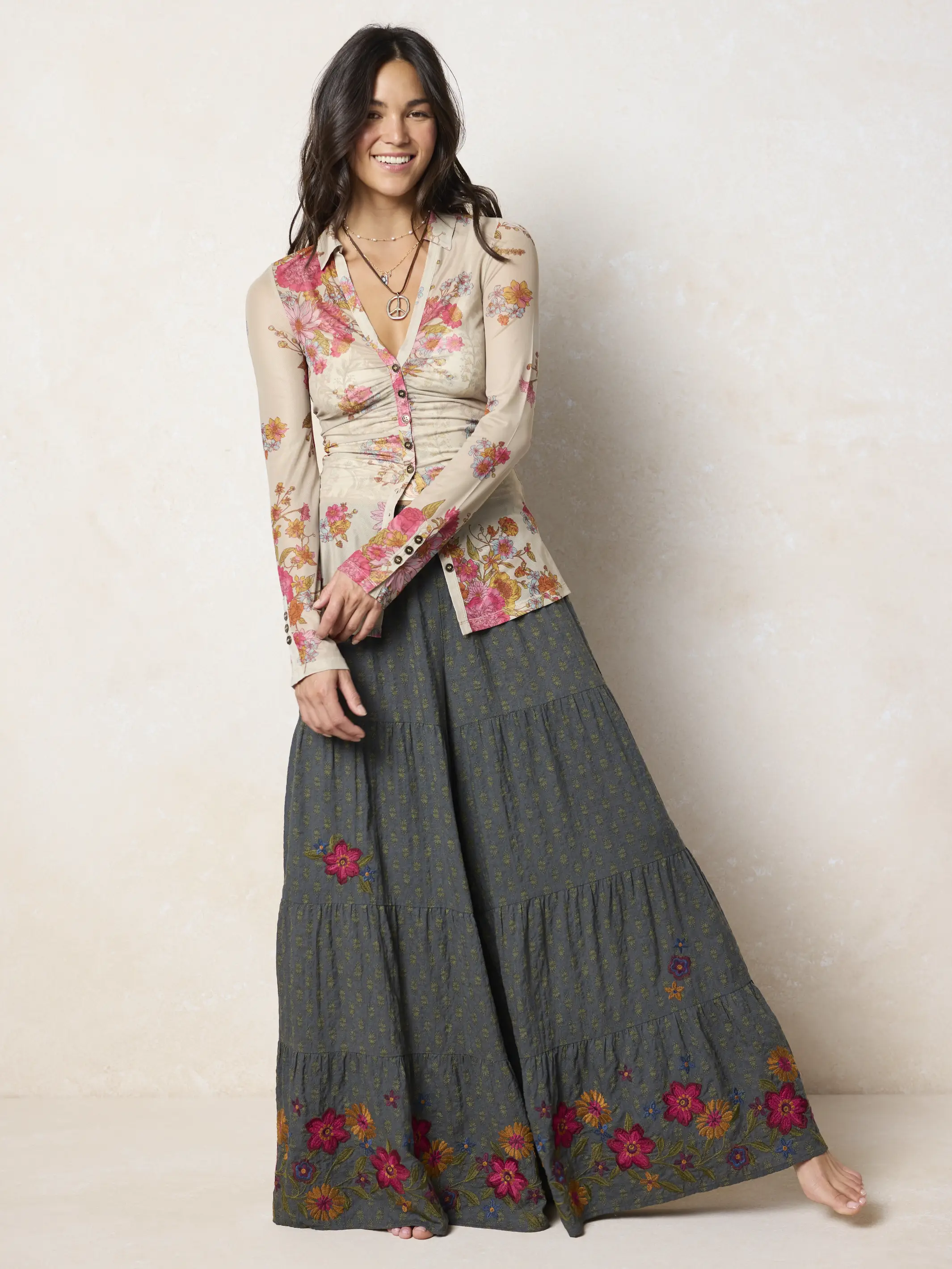 Patti Embroidered Palazzo Pants - Alma Stamp Charcoal - Image 3