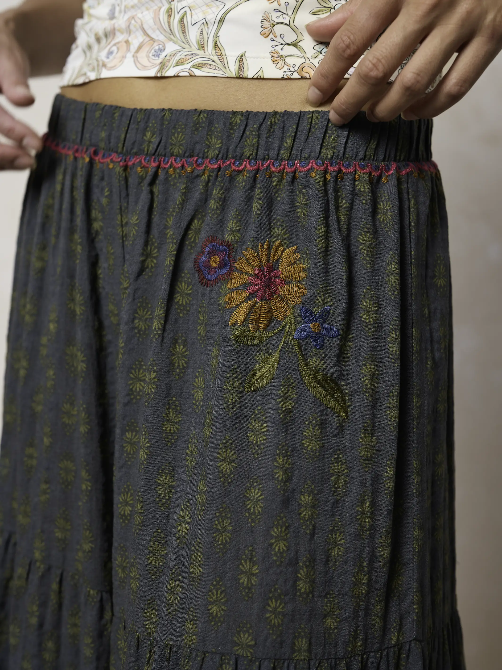Patti Embroidered Palazzo Pants - Alma Stamp Charcoal - Image 5