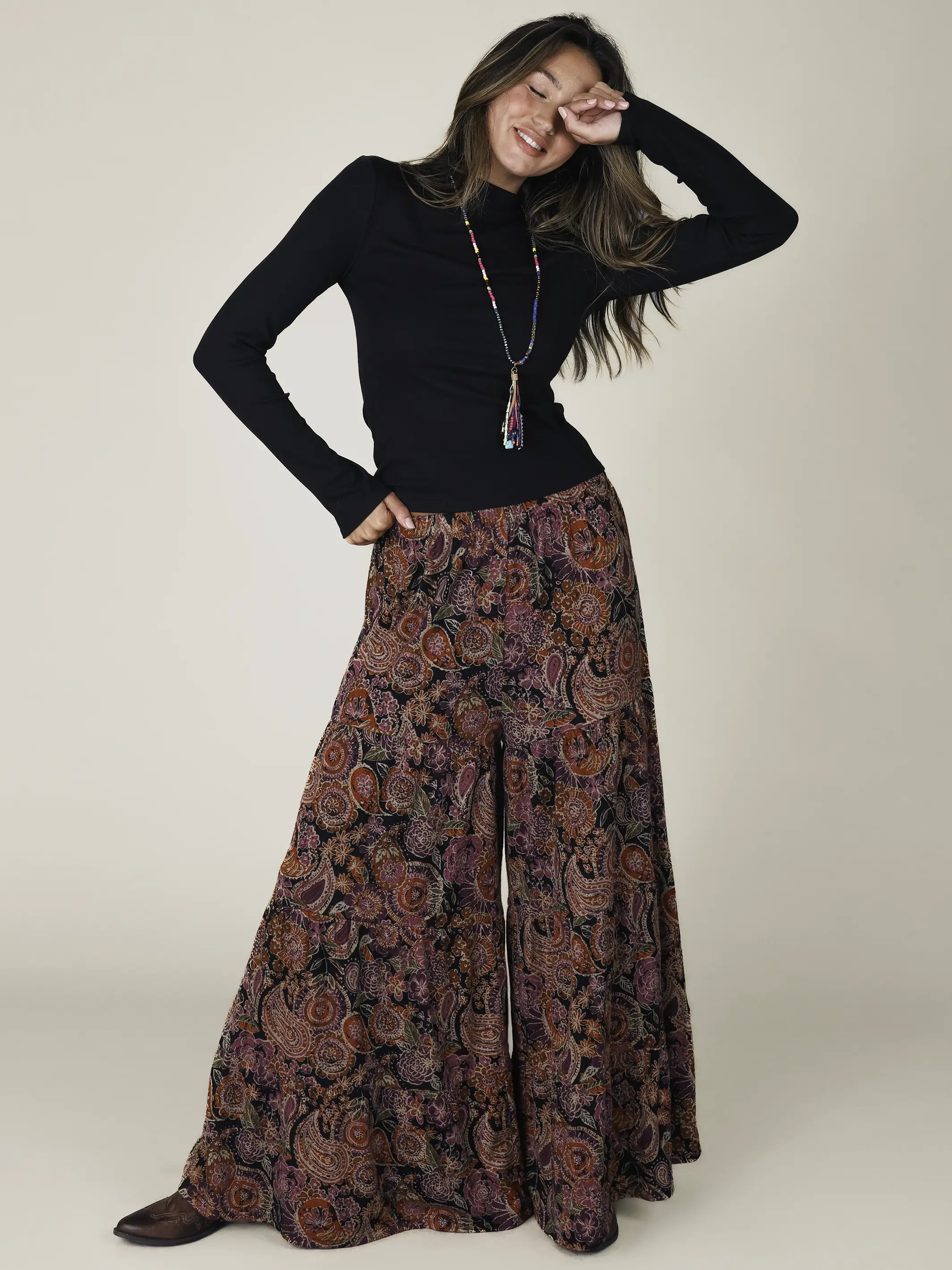 Patti Knit Palazzo Pants - Black Sketched Paisley - Image 2
