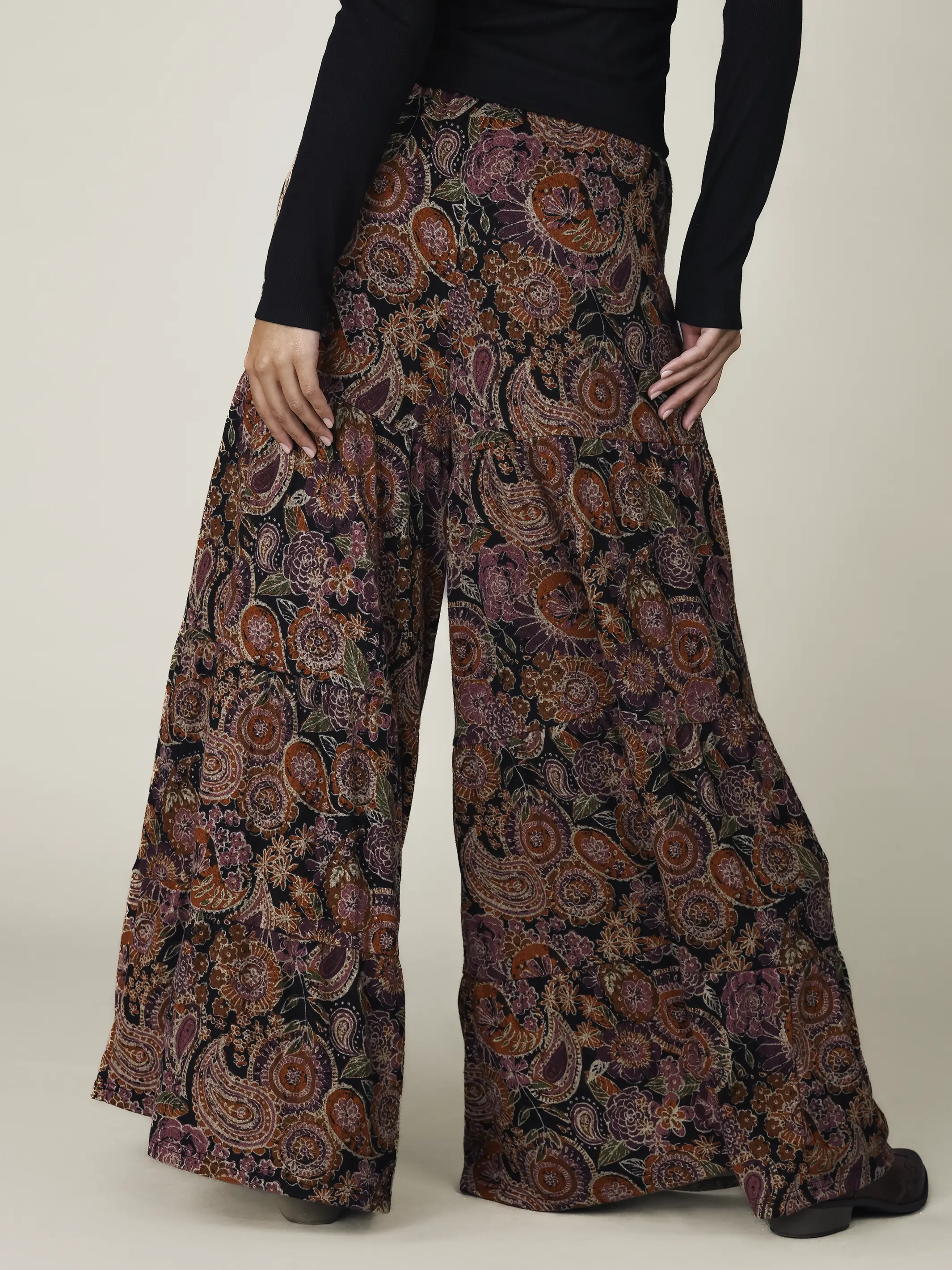 Patti Knit Palazzo Pants - Black Sketched Paisley - Image 3