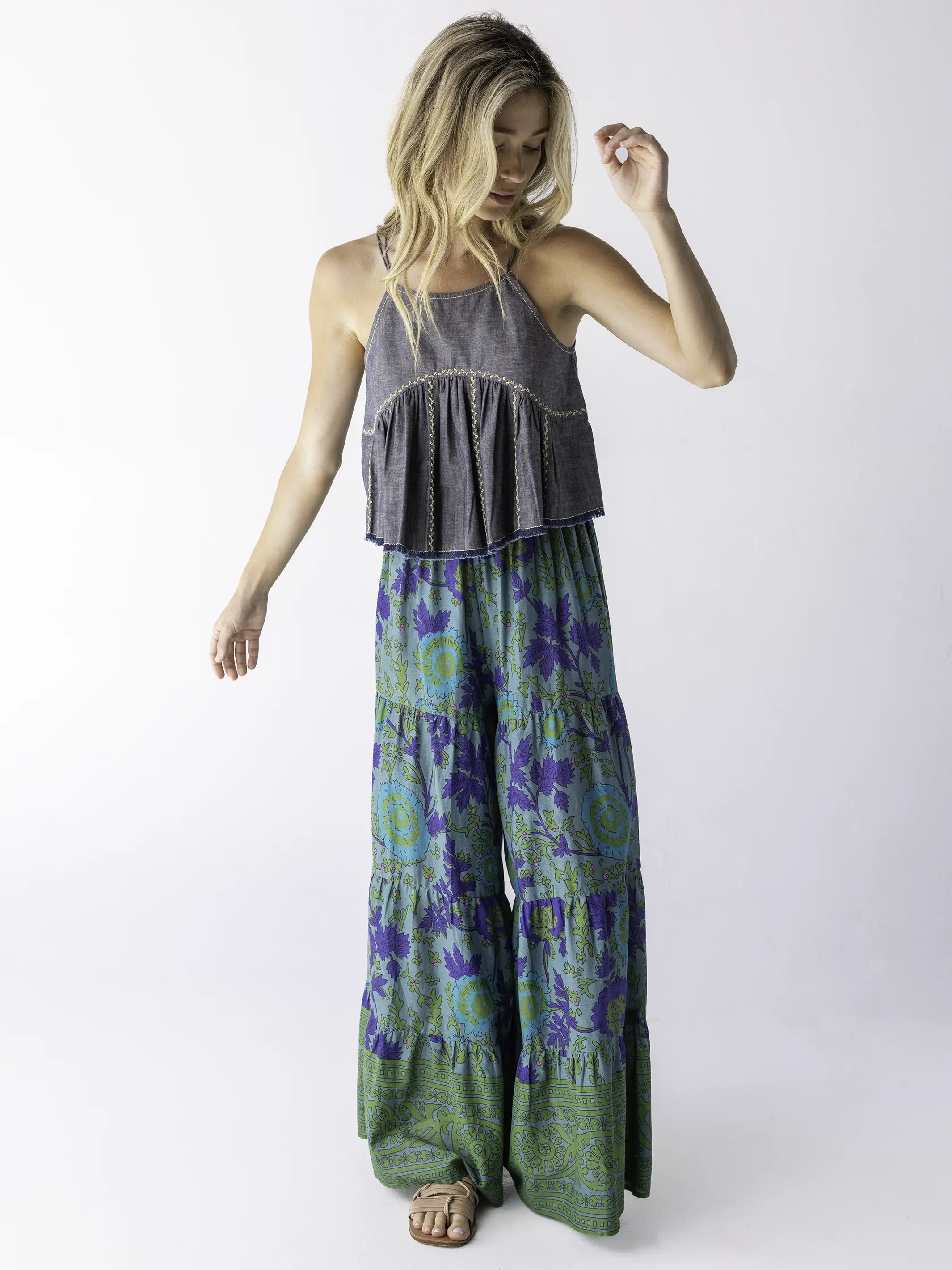 Patti Palazzo Pants - Leafy Teal Cotton - Image 2