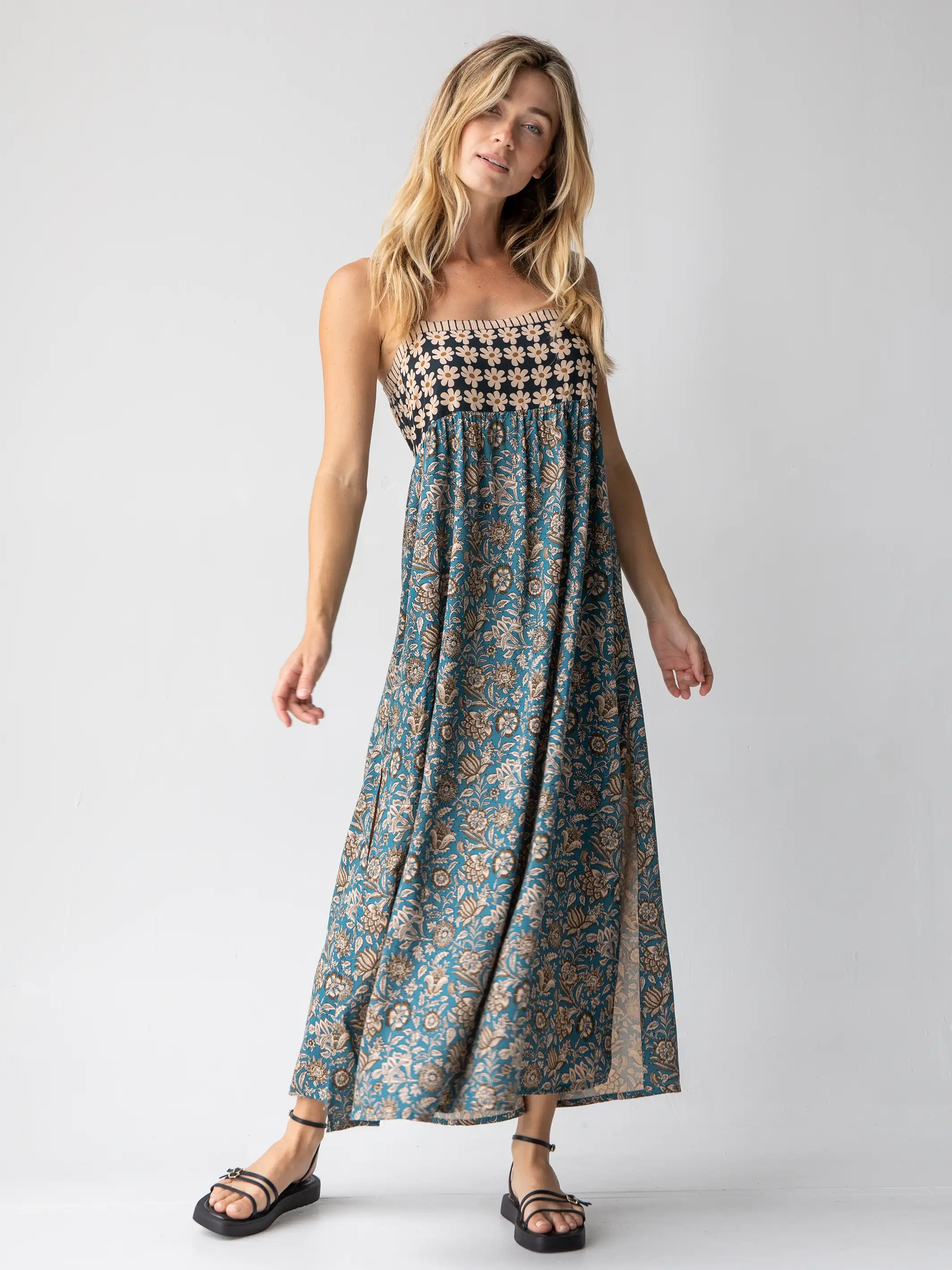 Patti Side Slit Maxi Dress - Teal Cream Mixed Floral - Image 2