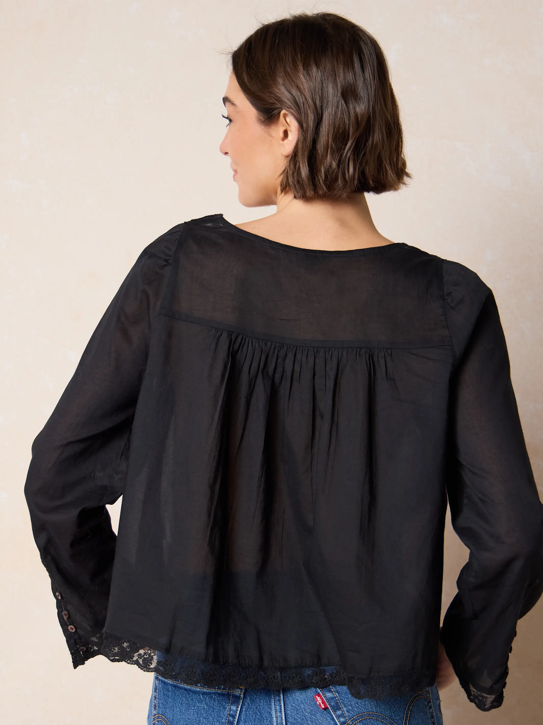 Prettiest Cotton Lace Long Sleeve Blouse - Black - Image 3