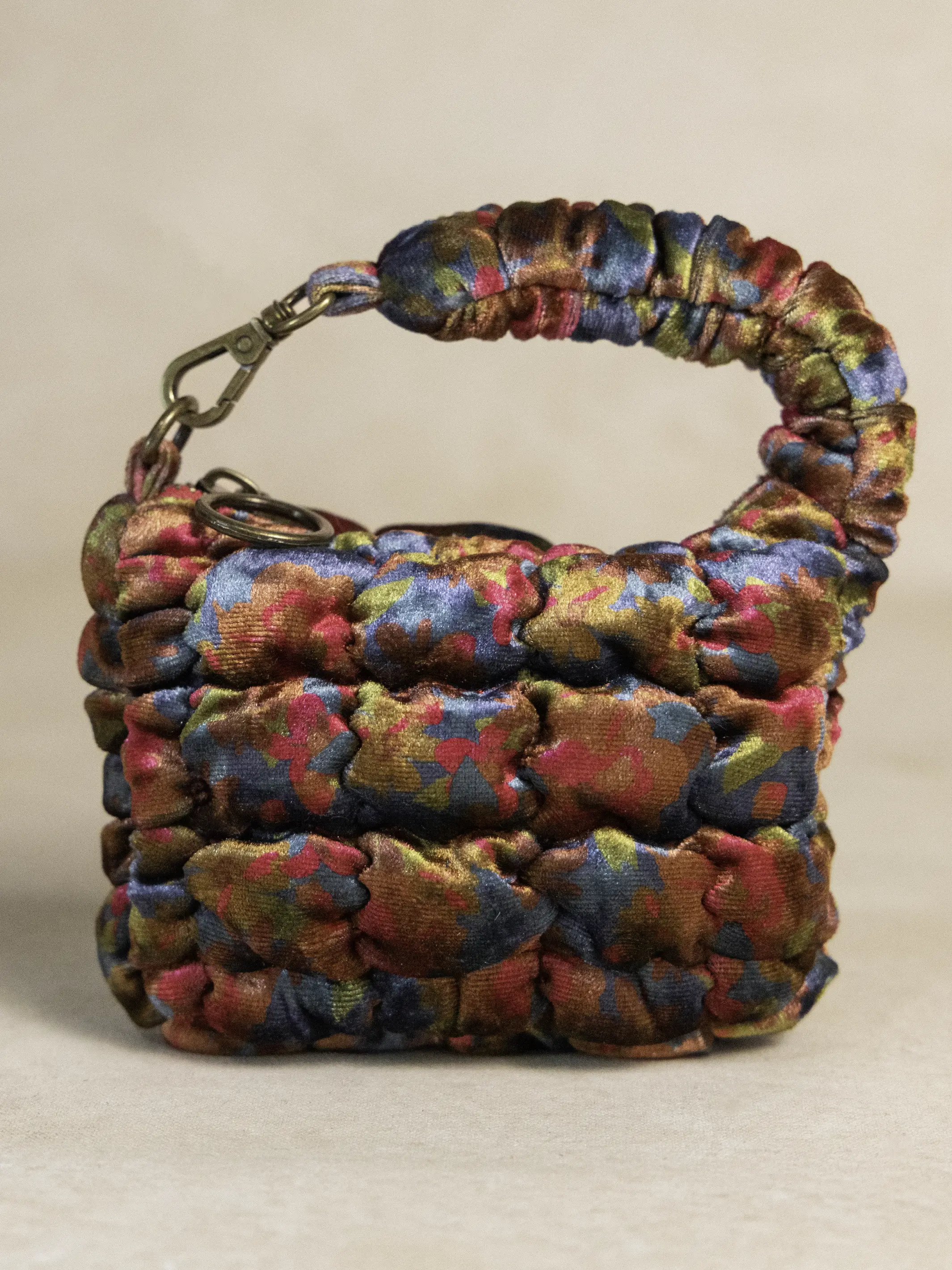 Puffy Velvet Mini Clip-On Pouch - Teal Pink Floral Velvet - Image 3