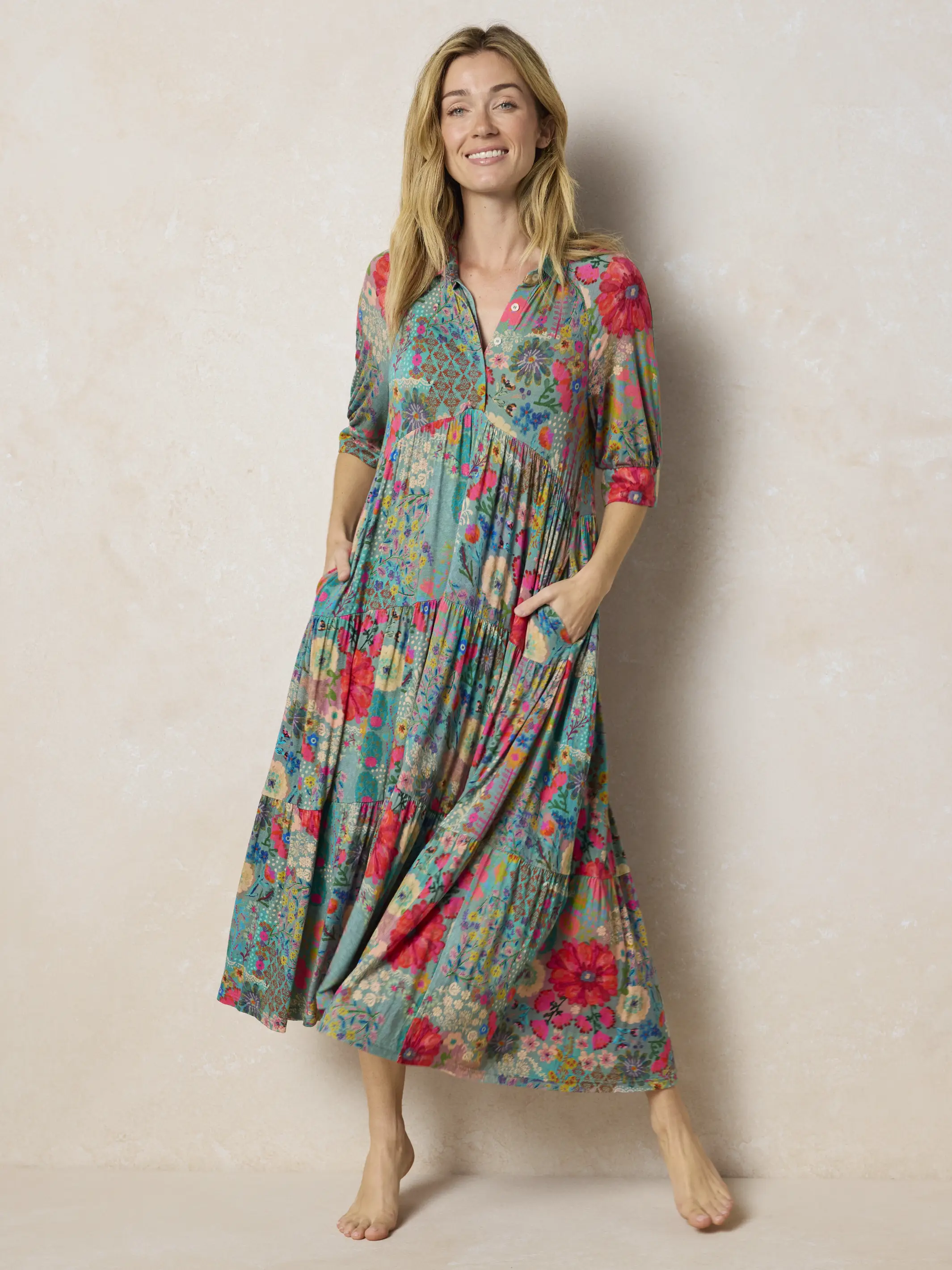 Rebecca "ButterSoft" Midi Dress - Blue Garden Patchwork - Image 2