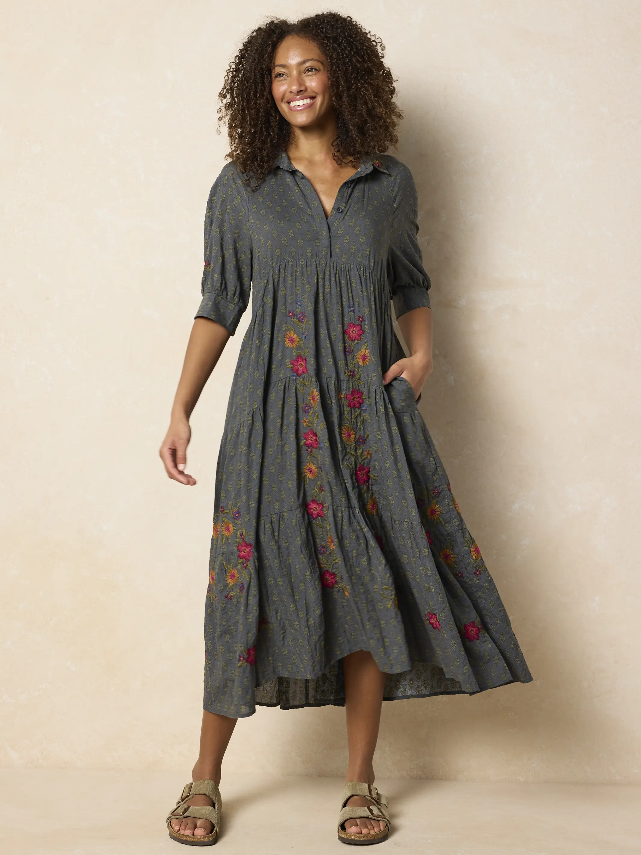 Rebecca Embroidered Midi Dress - Alma Stamp Charcoal - Image 3