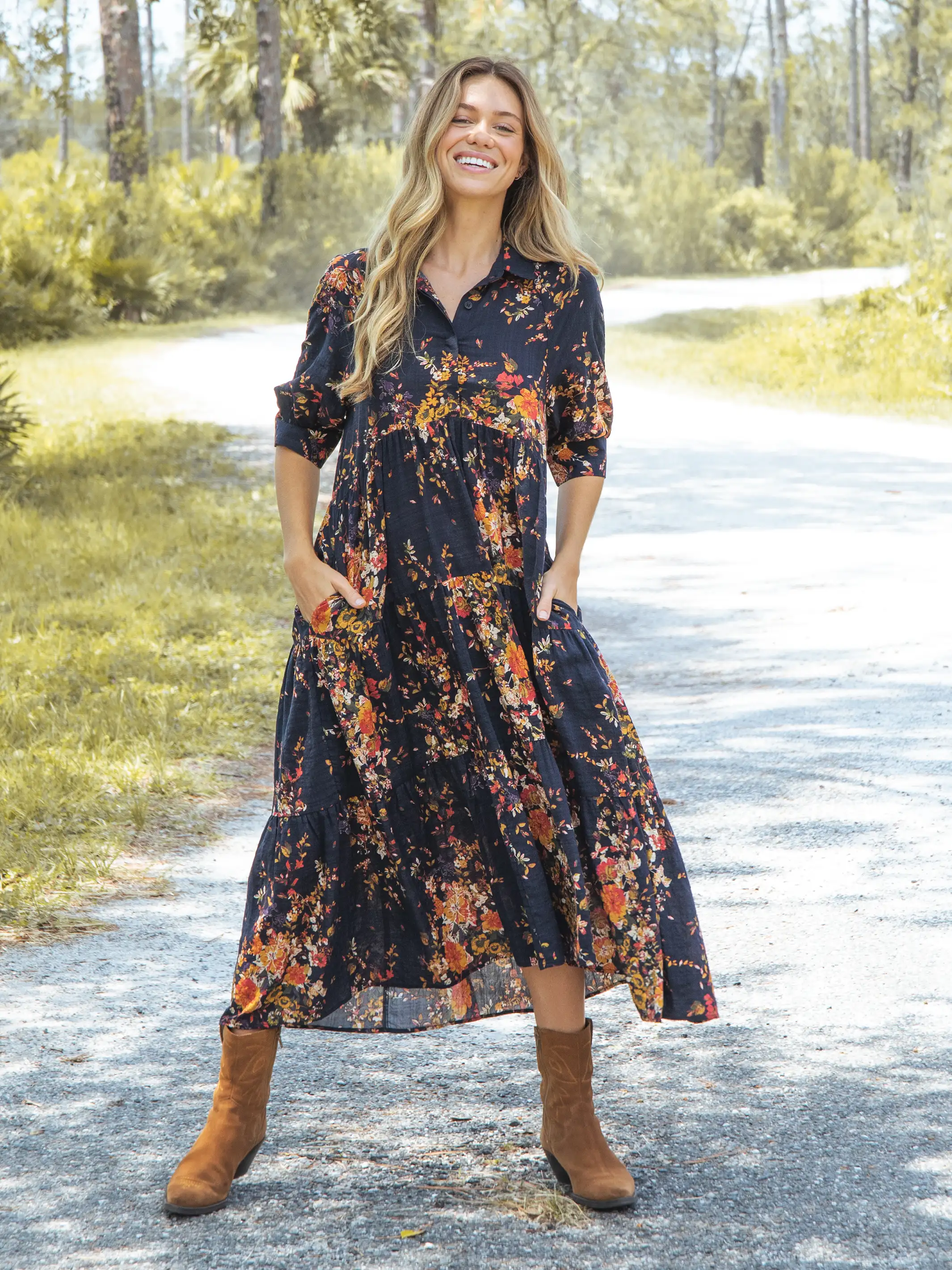 Rebecca Midi Dress - Navy Red Bouquets - Image 2
