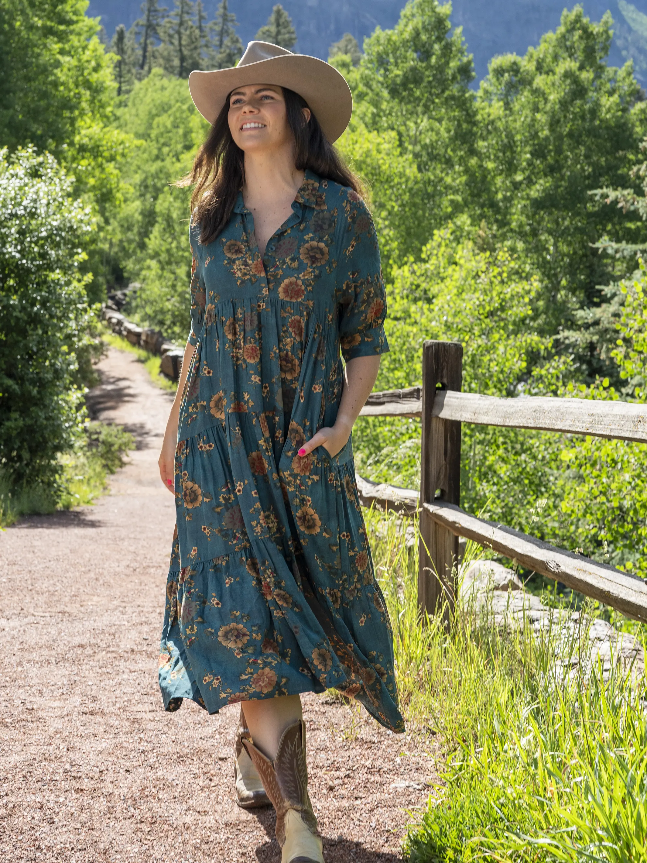 Rebecca Midi Dress - Teal Orange Clusters - Image 3