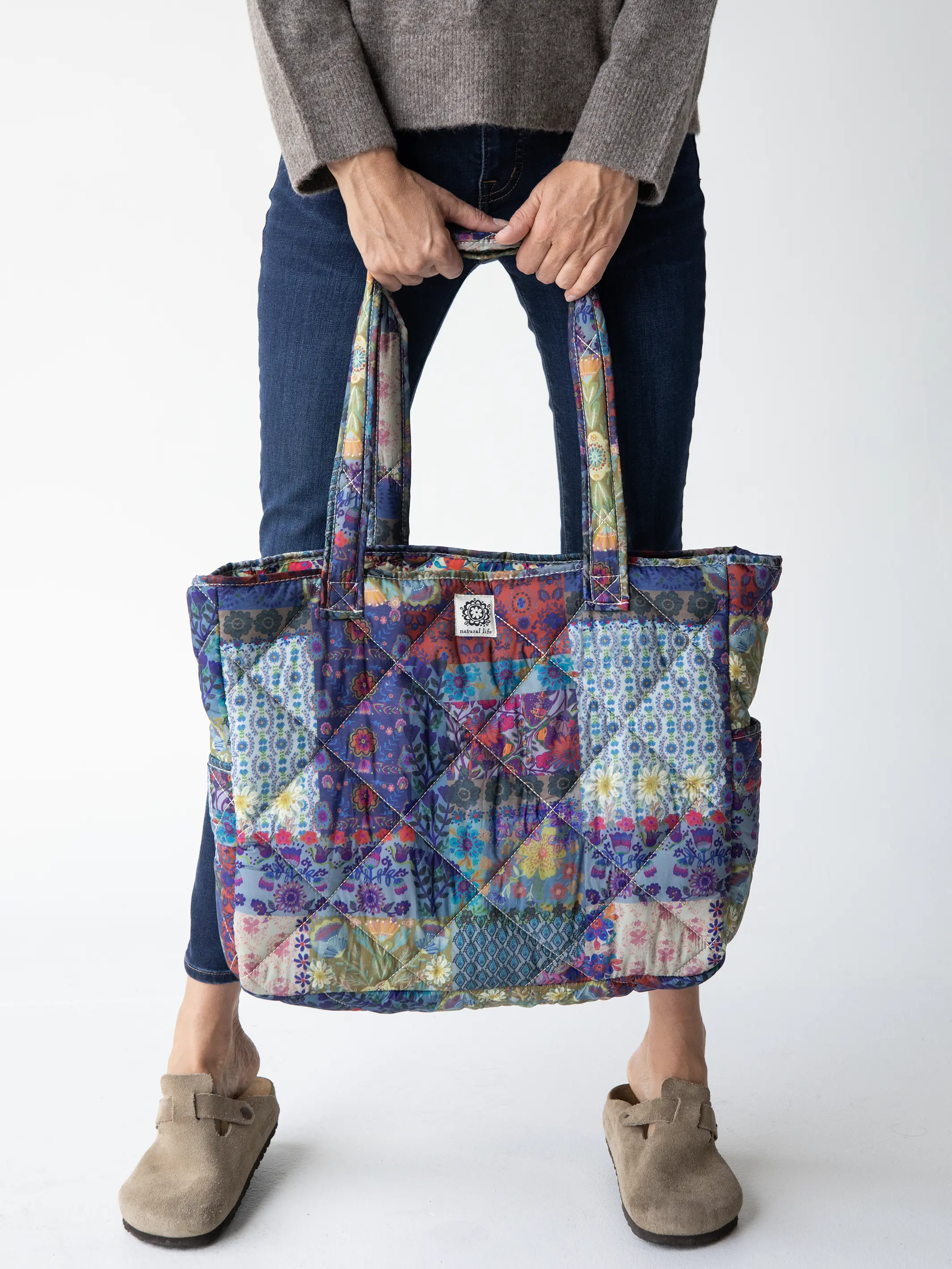 Reversible Puffy Tote Bag - Large Blue Patchwork - Image 3