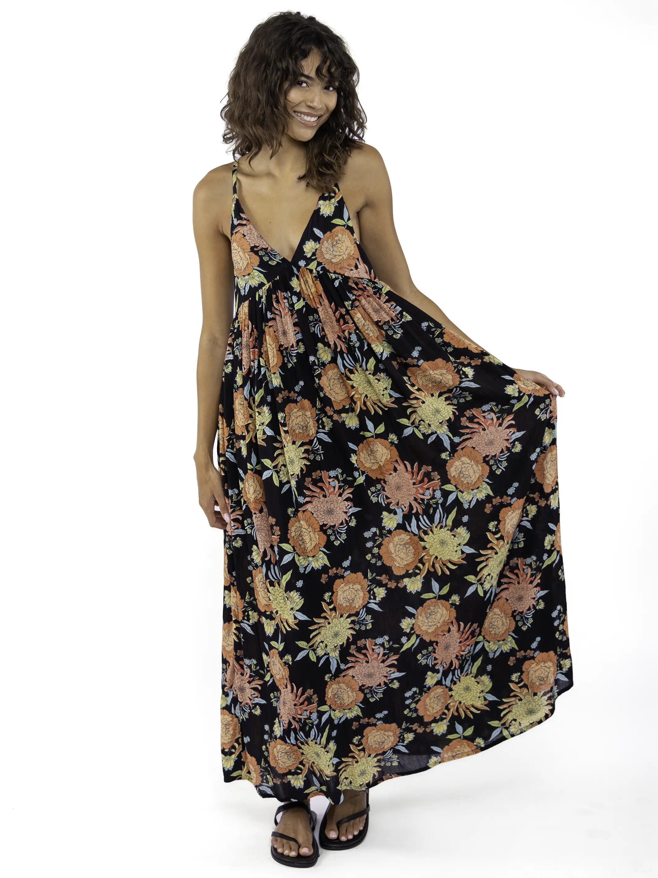 Reyna Deep V-Neck Maxi Dress - Black Marigold Floral - Image 4