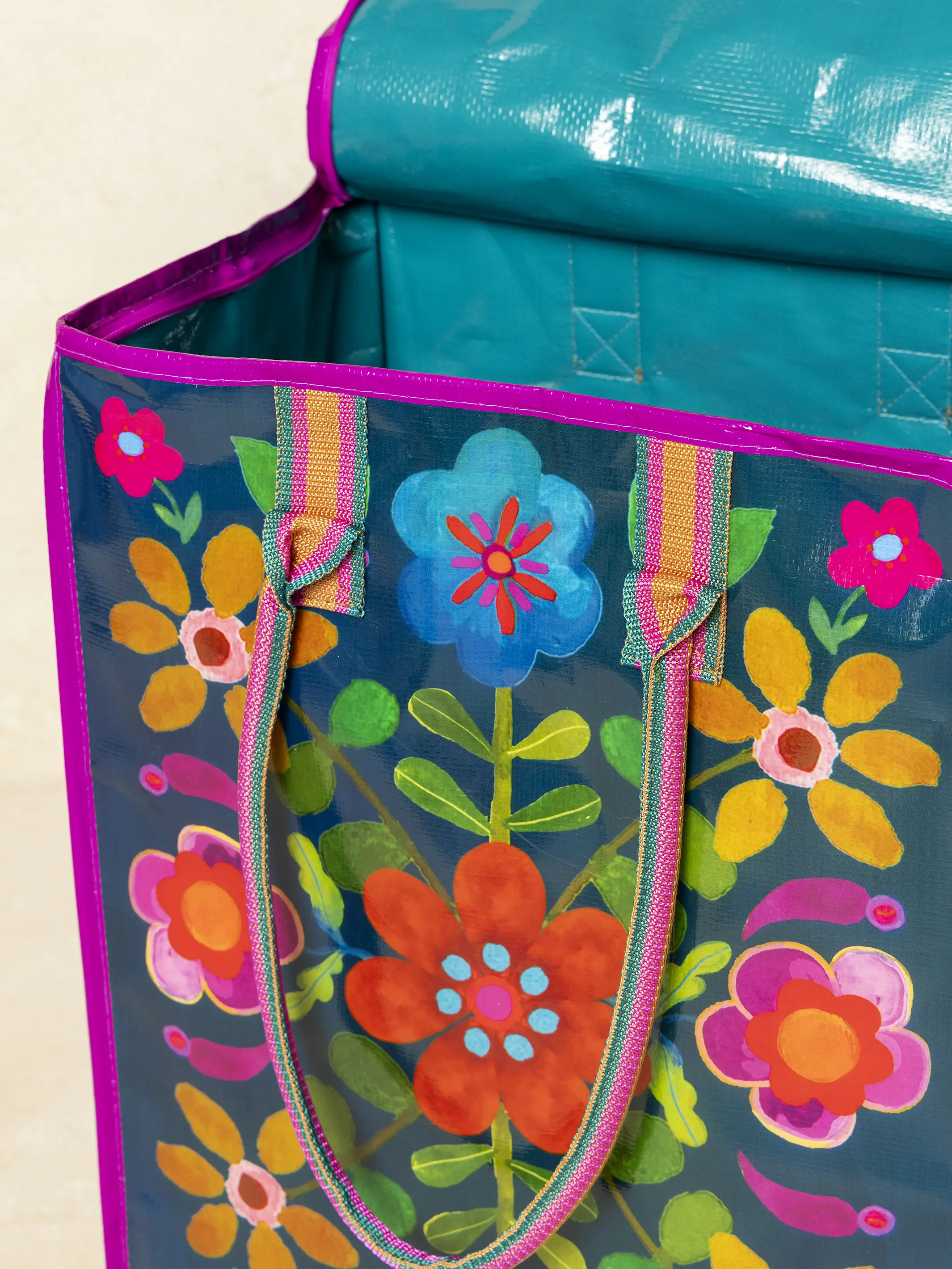 Rolling Tote Bag - Teal Folk Flower - Image 3