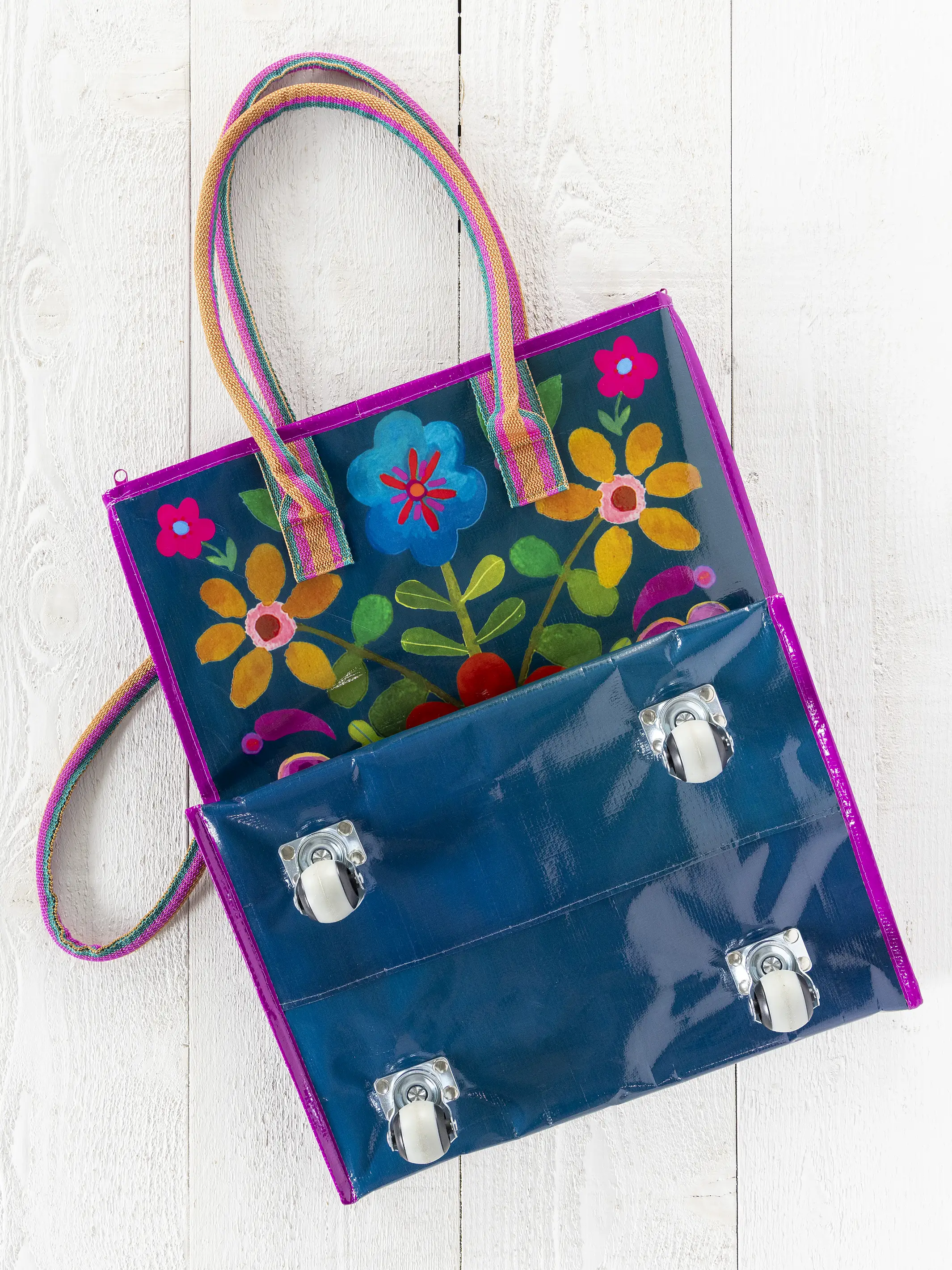 Rolling Tote Bag - Teal Folk Flower - Image 4
