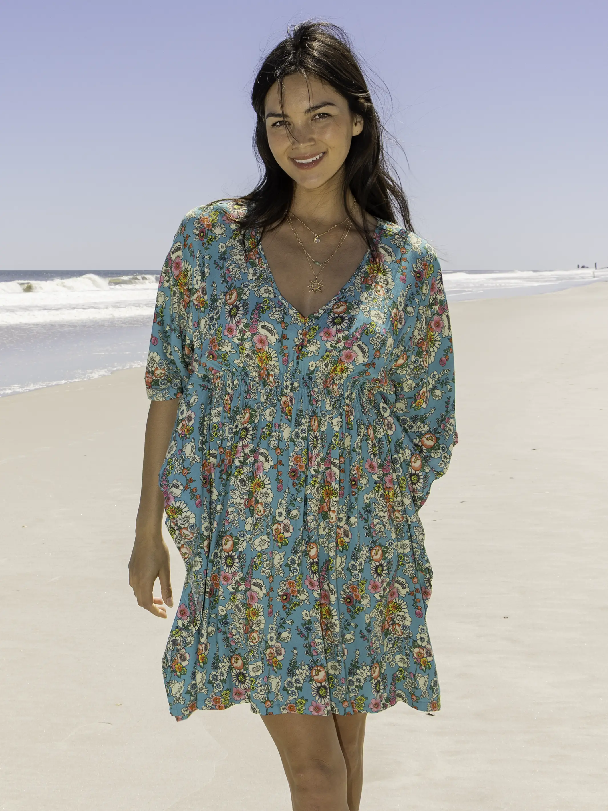 Sanibel Kaftan Mini Dress - Turquoise Floral - Image 2
