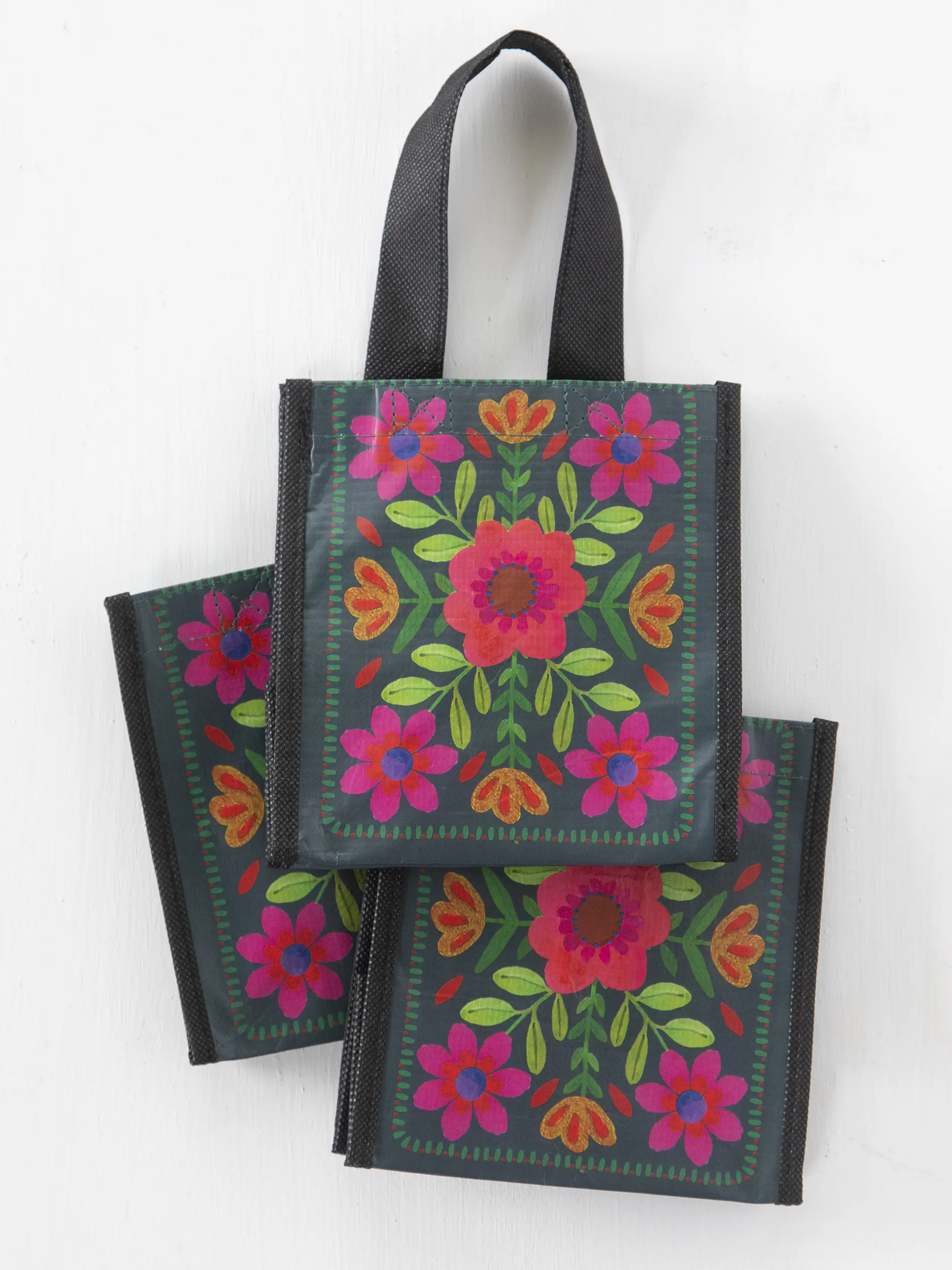Small Happy Bag, Set of 3 - Dark Teal Flower - Image 2