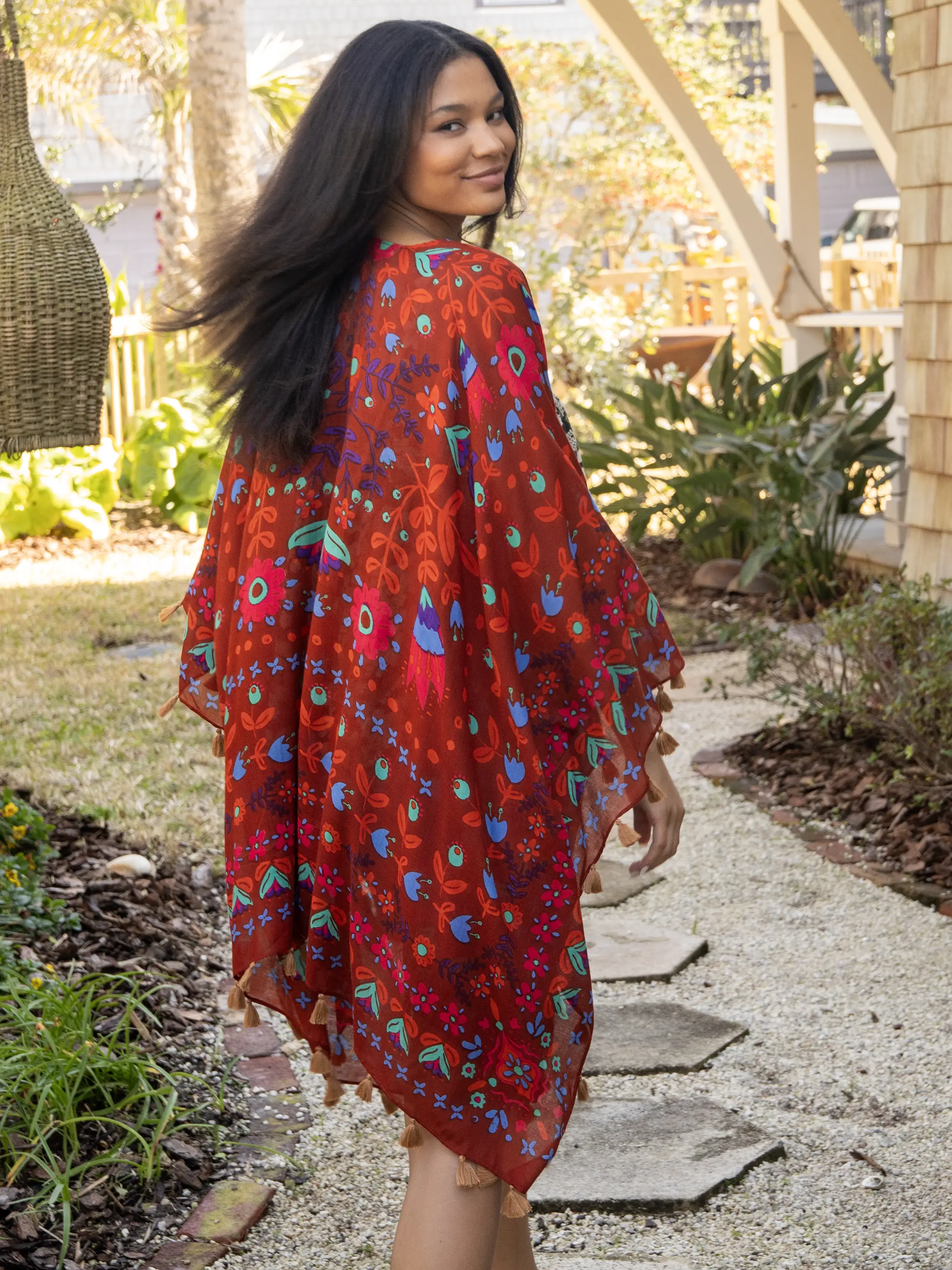 Soleil Tassel Kimono - Rust Floral Border - Image 2