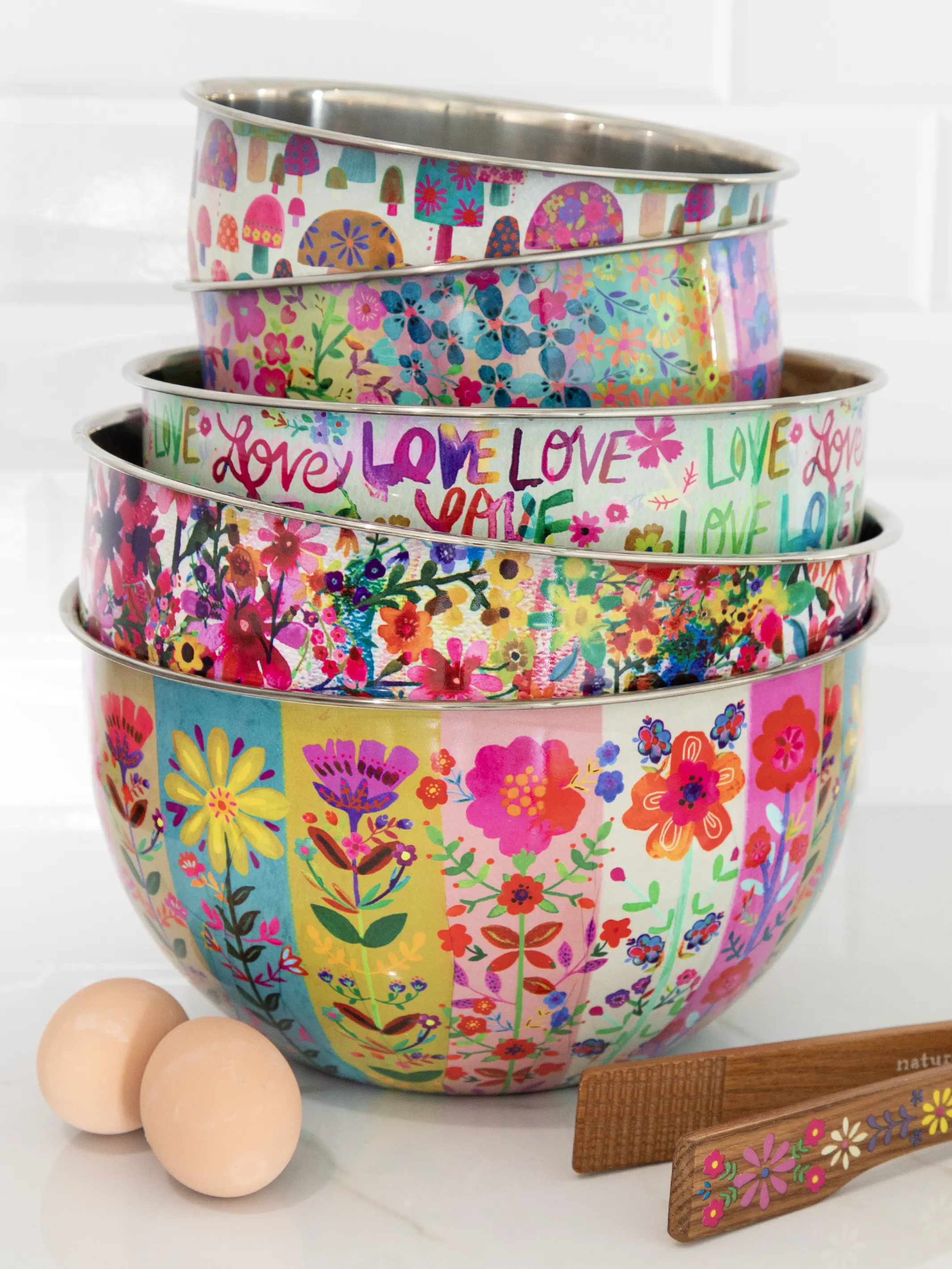 Stainless Steel Bowl - Small Rainbow Floral Rows - Image 2