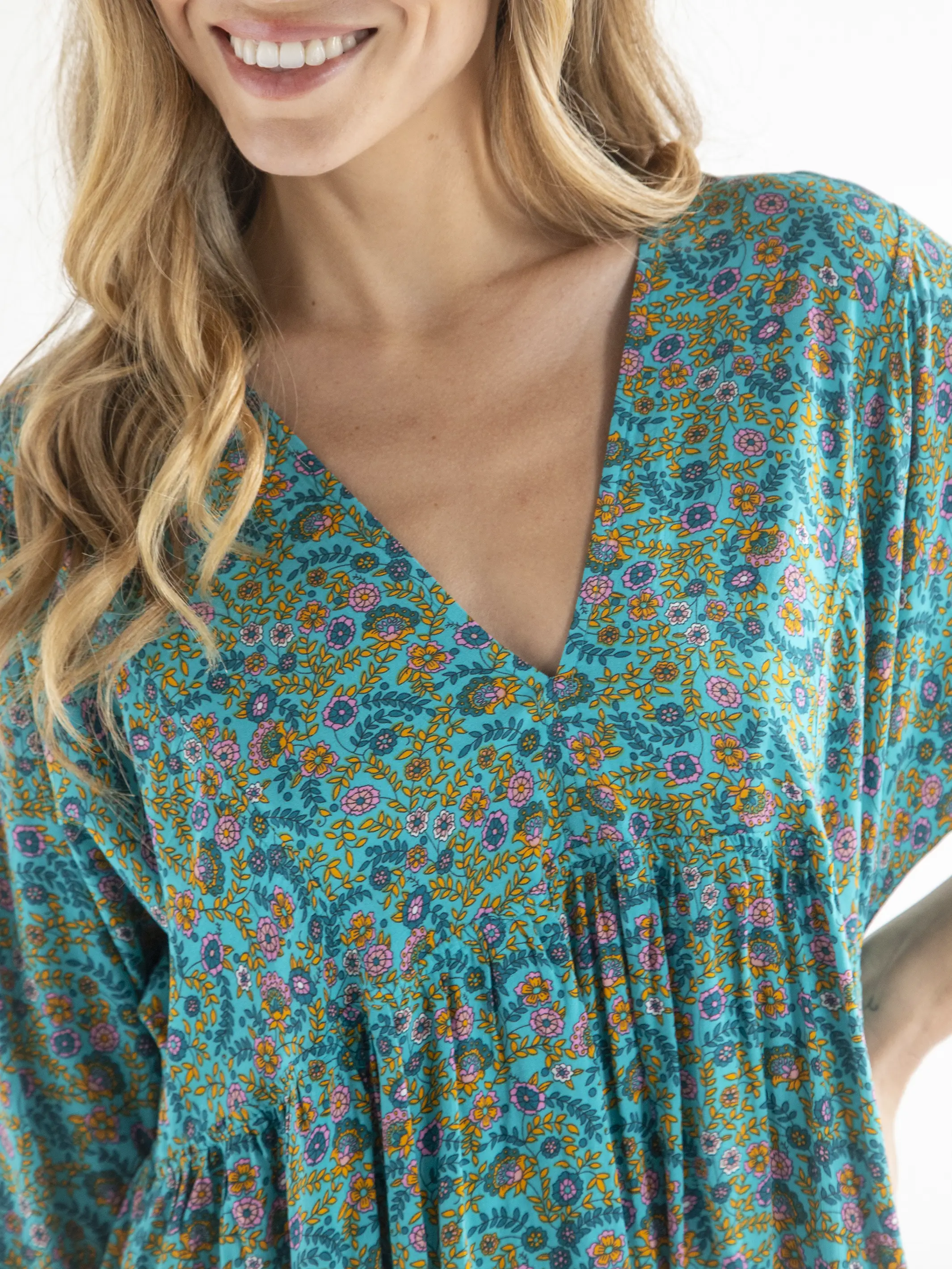 Stella V-Neck Mini Dress - Turquoise Ditsy Vines - Image 3