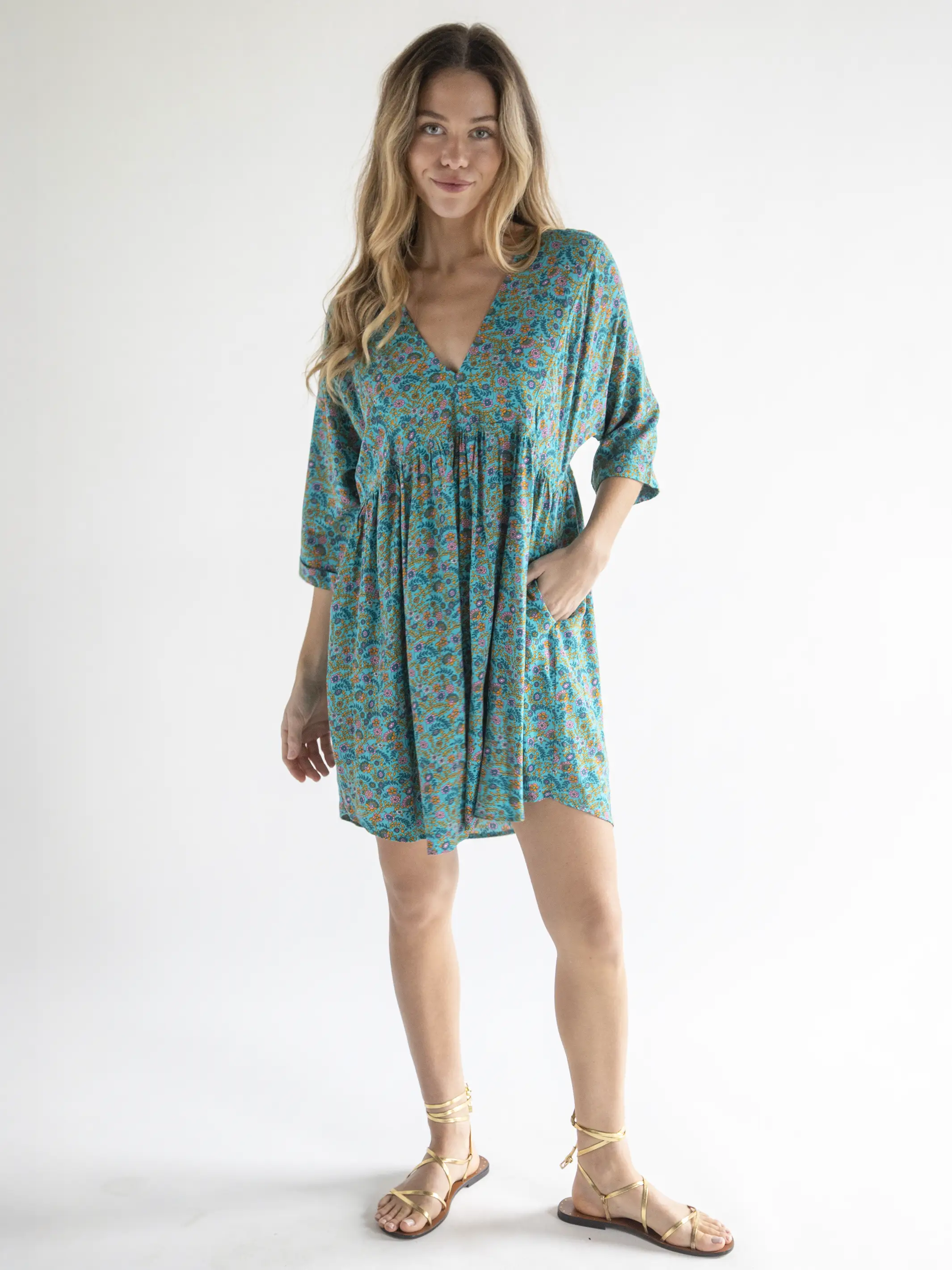 Stella V-Neck Mini Dress - Turquoise Ditsy Vines - Image 6