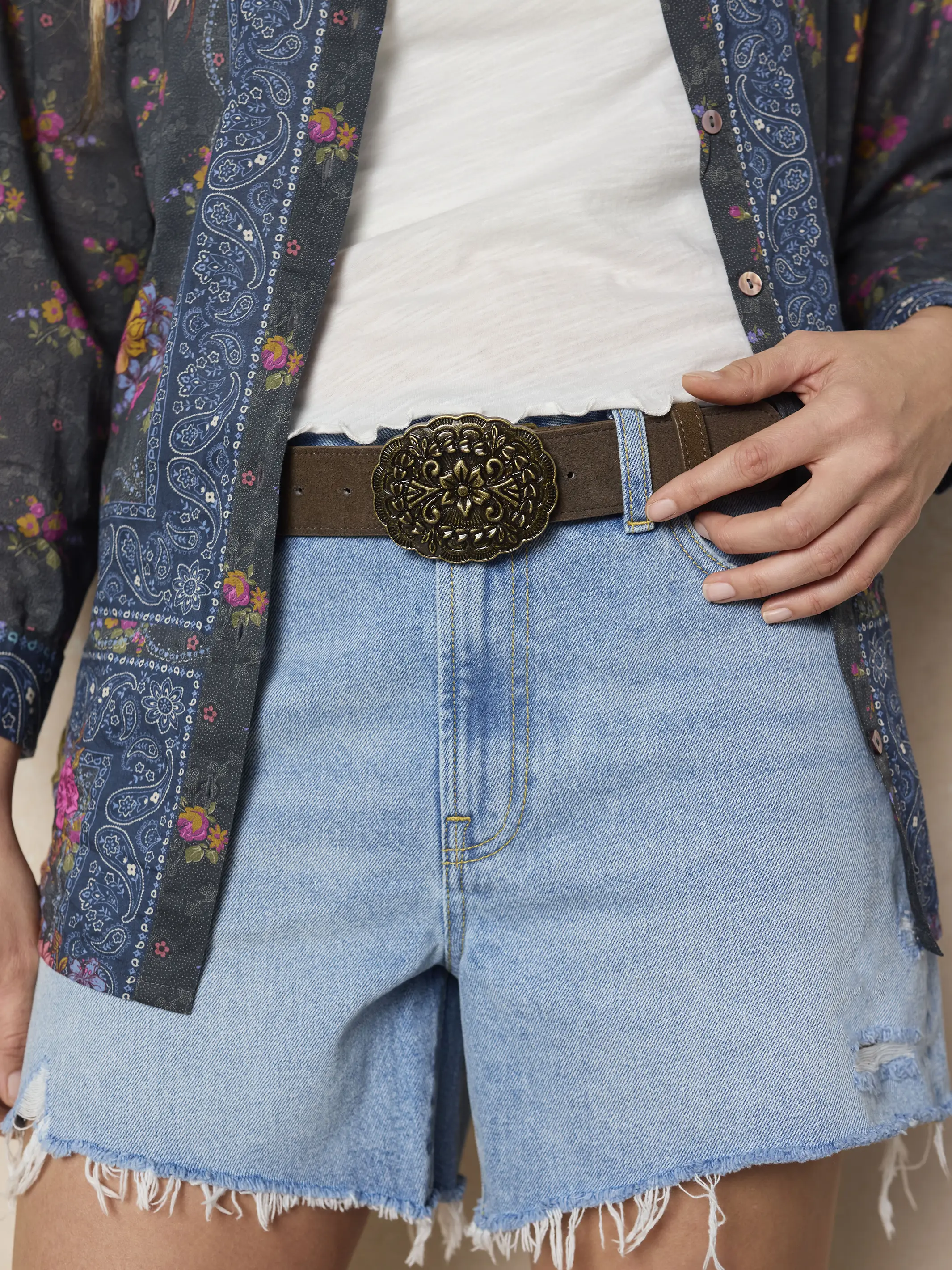 Suede Leather Medallion Belt - Brown - Image 2
