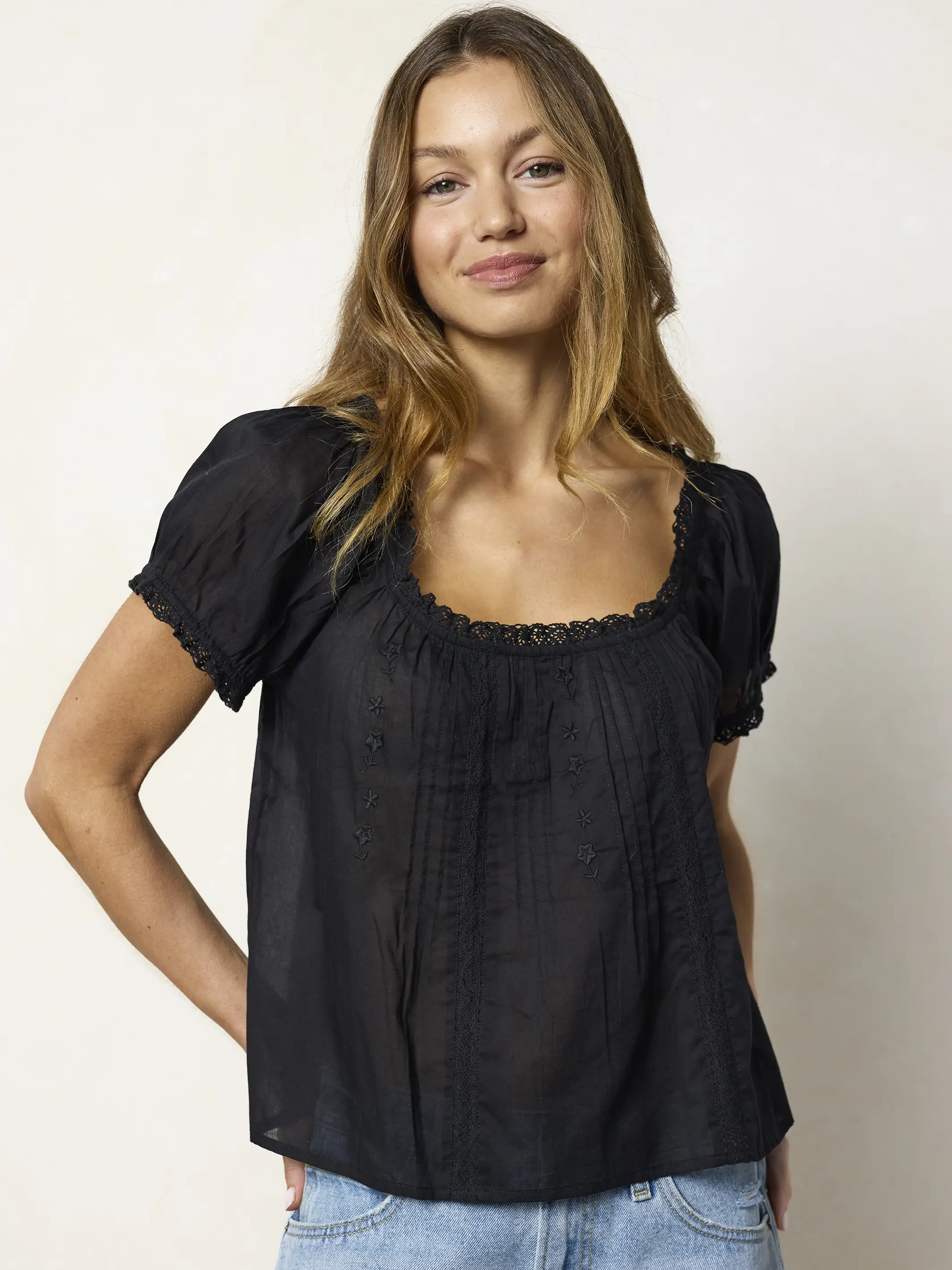 Sweet Nothings Embroidered Cotton Top - Black - Image 2