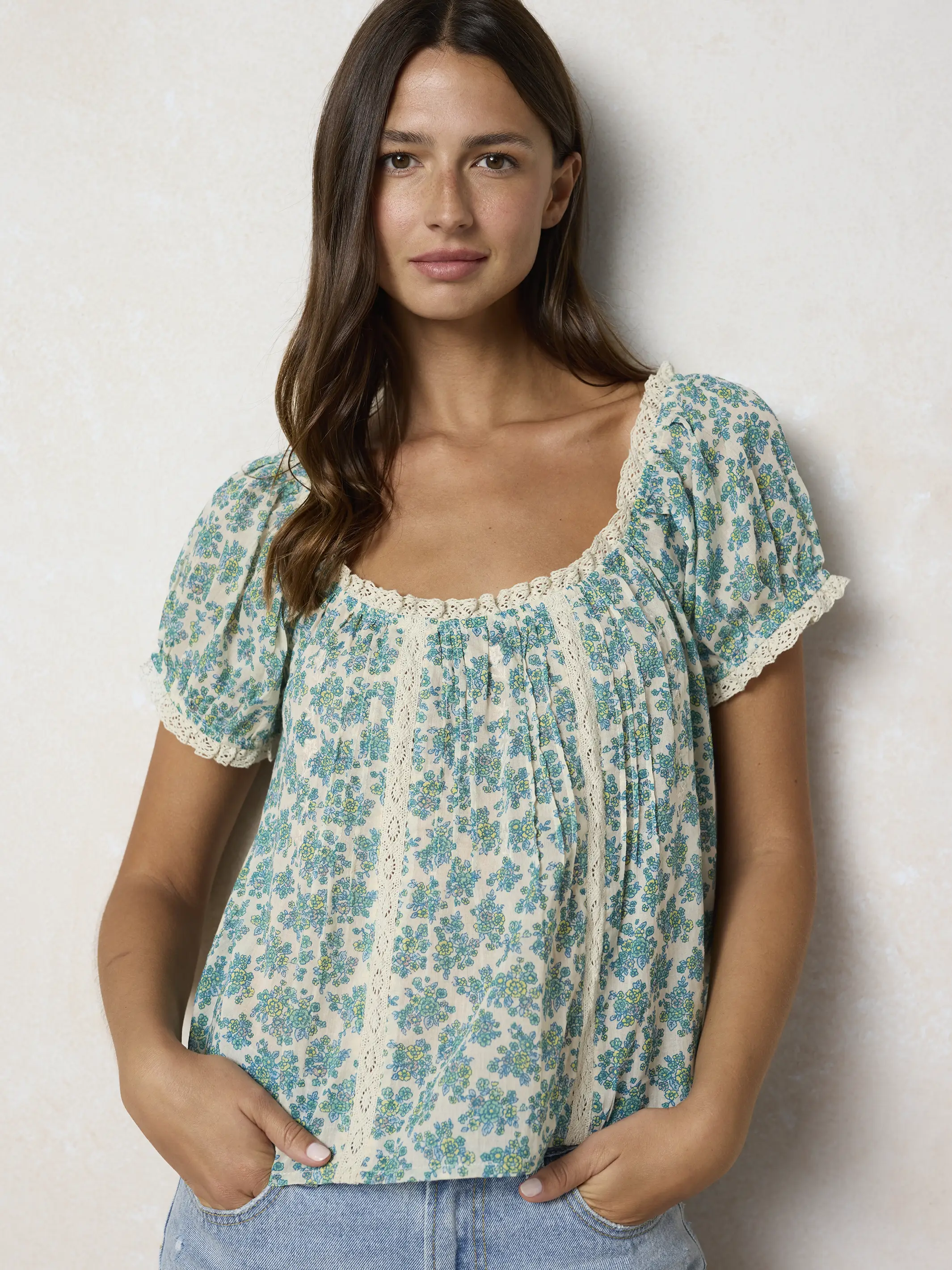 Sweet Nothings Embroidered Cotton Top - Cream Folk Ditsy - Image 2