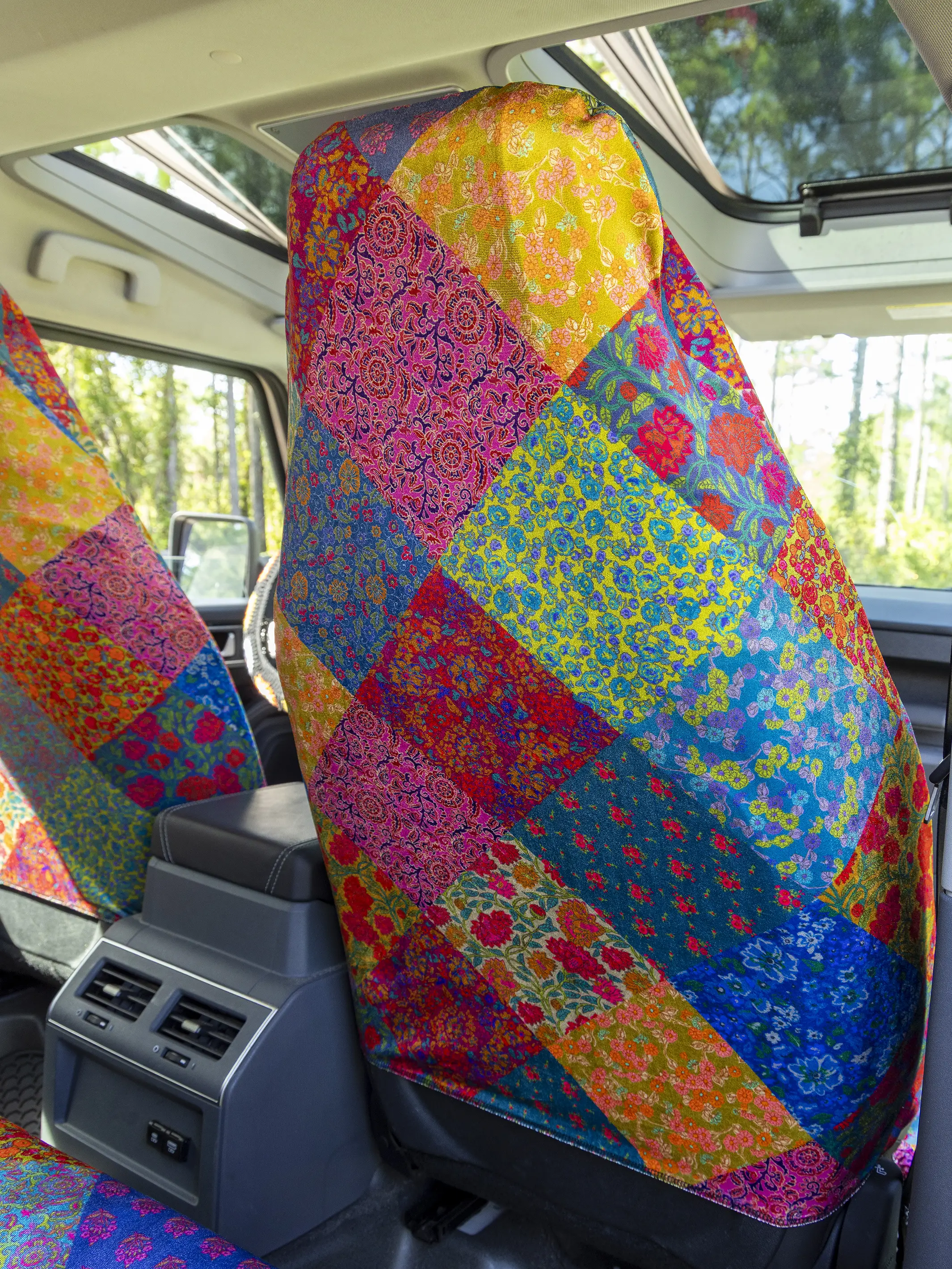 Velvet Front Car Seat Cover, Set of 2 - Rainbow Patchwork - Image 4