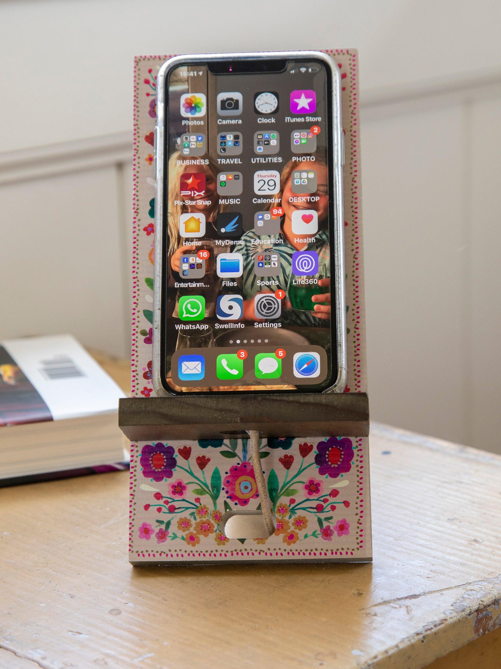 Wooden Phone Stand - Cream Folk Flower - Image 2