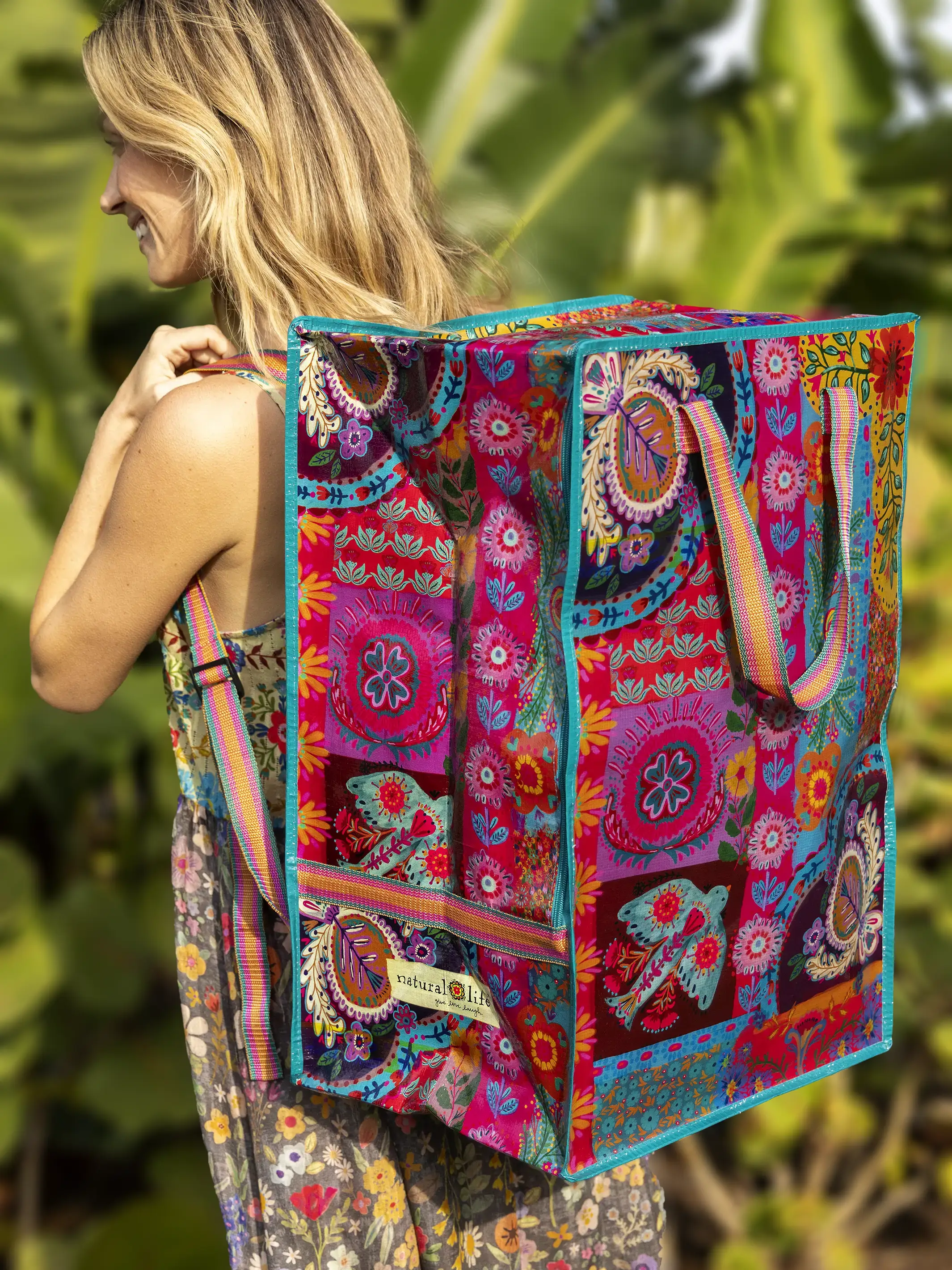 XL Backpack Tote Bag - Magenta Patchwork - Image 2